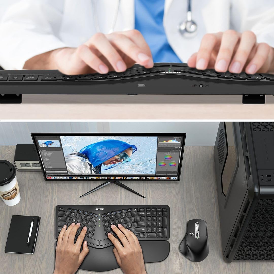 Arteck Split Ergonomic Keyboard with Palm Rest, 2.4G USB Wireless Keyboard