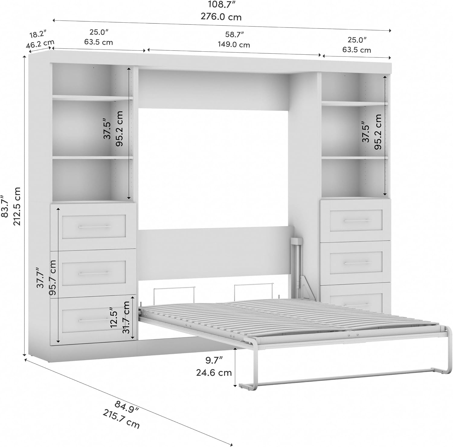 Bestar Pur Full Murphy Bed and 2 Shelving Units with Drawers, 109-inch Space-Saving Sleeping Arrangement in White | 2 Shelving Units with Drawers; supports up to 1000 lb; min. ceiling height 86.4 in.; dual piston mechanism; 10-year warranty
