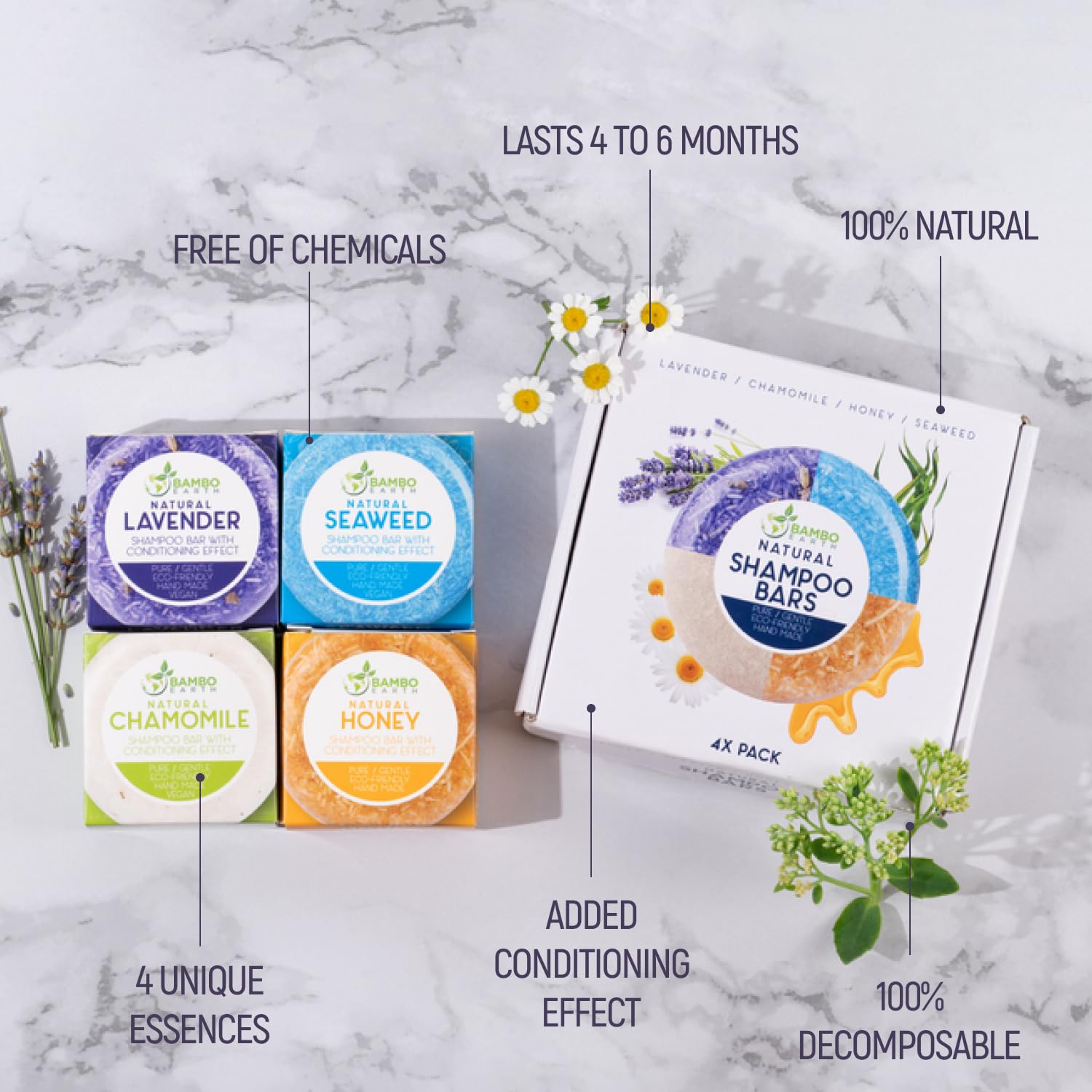 Shampoo Bar with Conditioning Effect - 4 Scent Variety Pack Solid Shampoo Bars for Hair - Cold Pressed, Vegan
