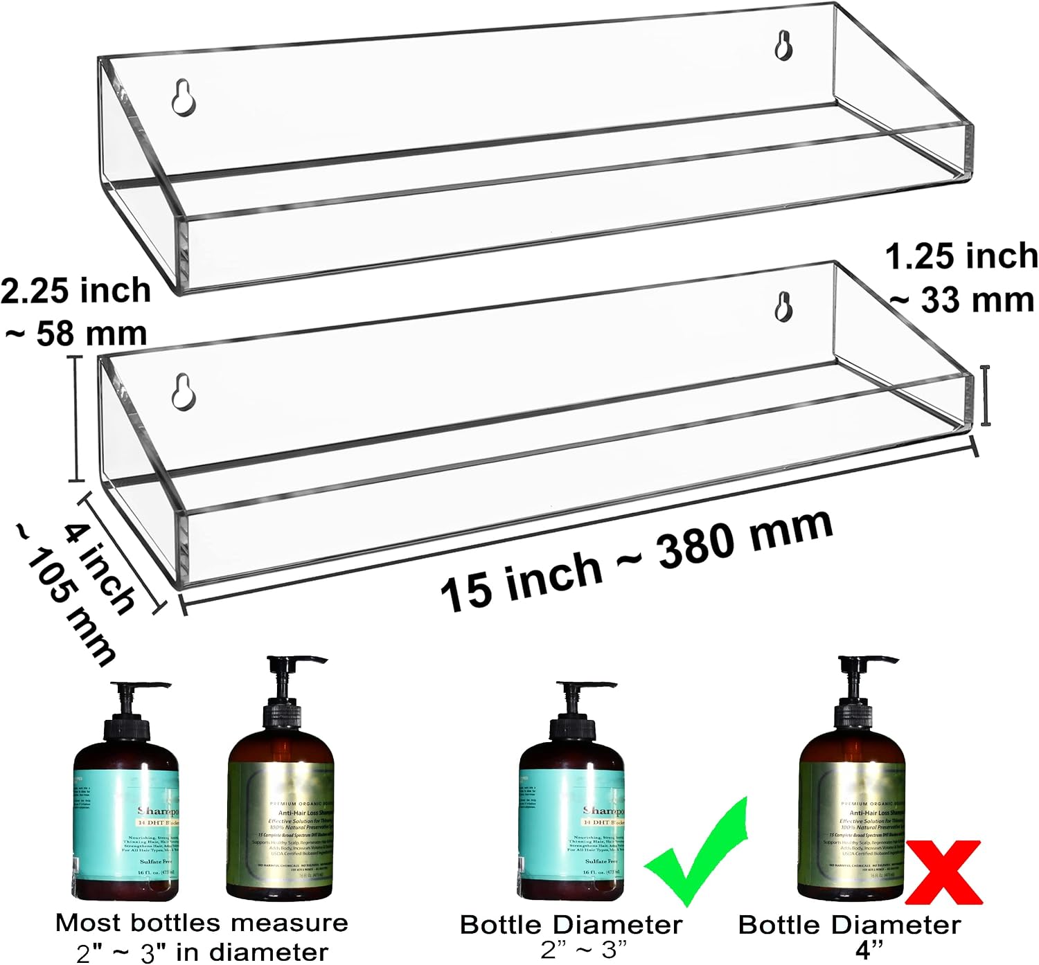 AMT 2 Pack Acrylic Floating Shelves, 15" L x 4" W, Clear Bathroom Wall, Bookshelves, Invisible Display for Office, Bedroom