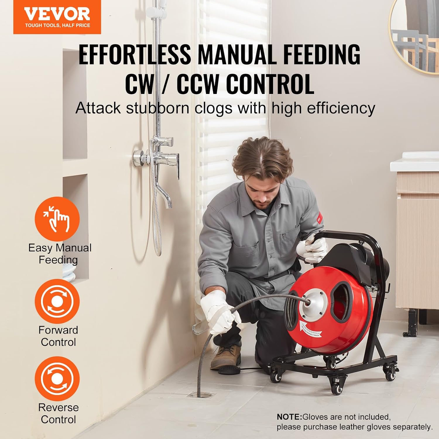 VEVOR Drain Cleaner Machine 100 FT x 3/4 Inch, Auto Feed Sewer Snake Auger, Portable Drain Cleaning Machine with Multi-Wheel Combination, 6 Cutters & Air-Activated Foot Switch for 4" to 8" Pipes