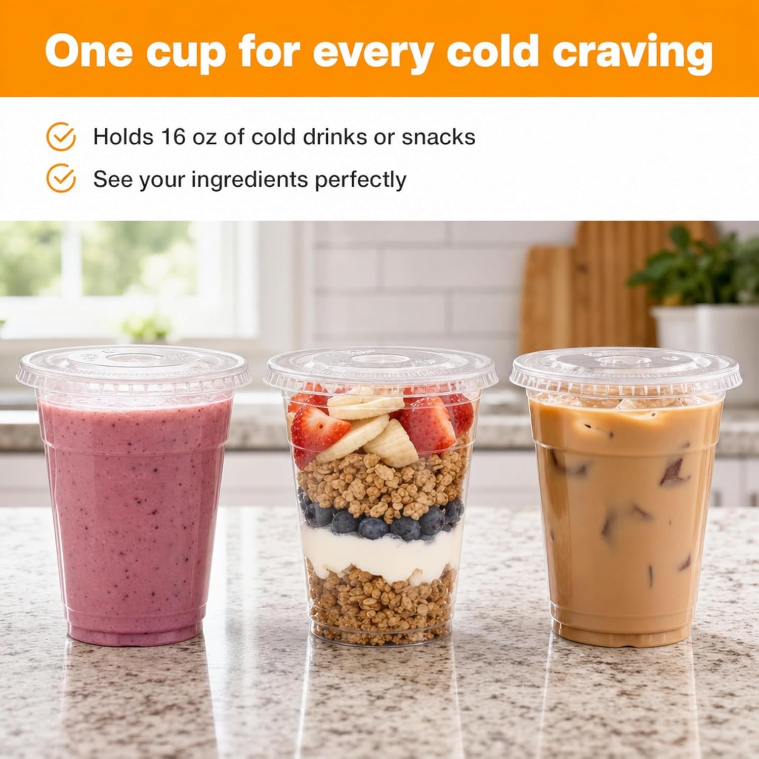 TashiBox Plastic Cups with Flat Lids 100 Sets 16 oz, Clear Crystal drink cups with lids