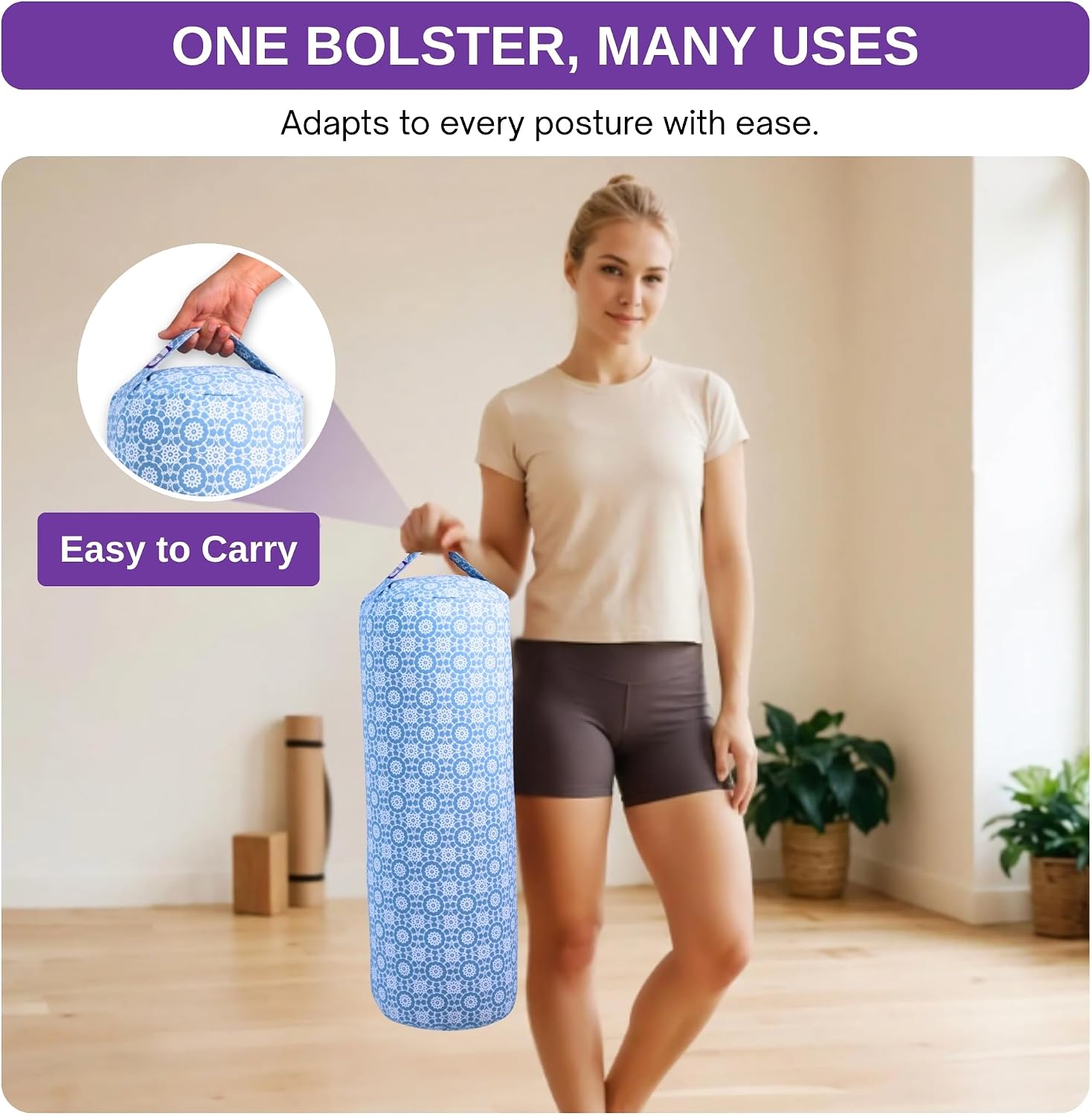 Yogikuti Iyengar Yoga Bolster for Restorative Yoga and Meditation – Lightweight Cotton Support Pillow with Handle for Easy Carry