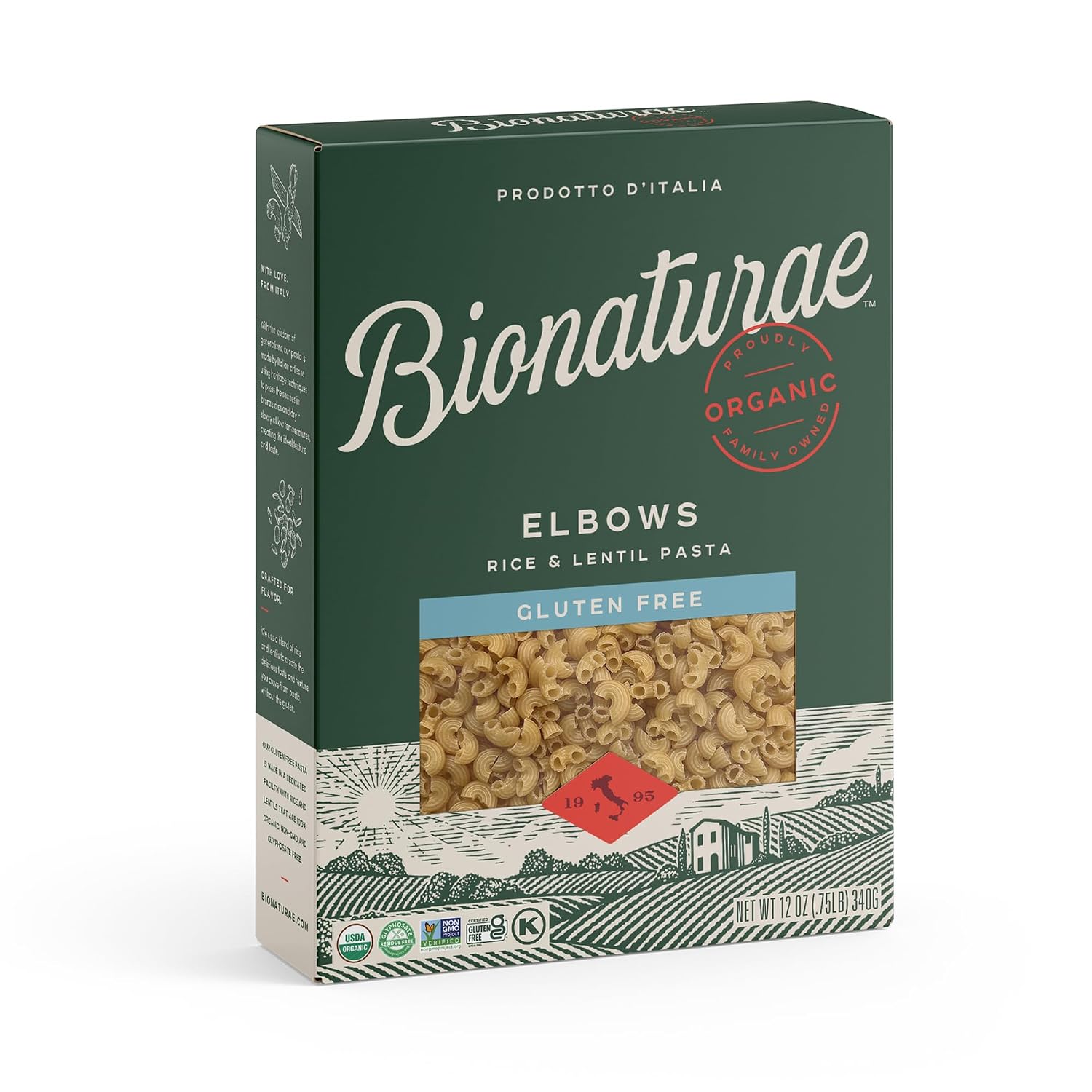 Bionaturae Elbow Pasta Noodles - Gluten Free Pasta Organic, Rice & Lentil Pasta, Kosher Certified, High Protein, Non-GMO Verified, USDA Certified, Gluten Free Pastas, Crafted in Italy - 12 Oz, 3 Pack
