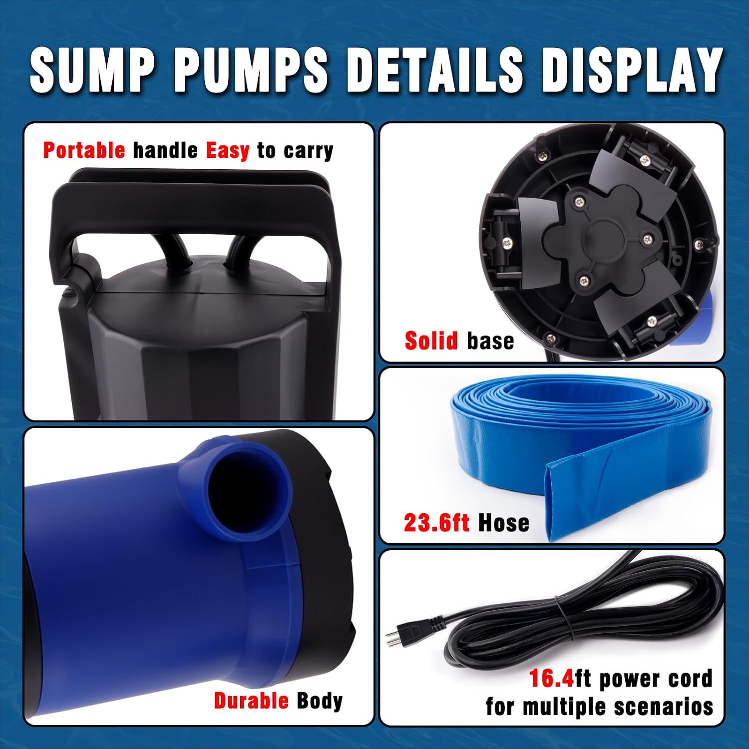 1.5HP Sump Pump, 4000GPH High Flow Clean&Dirty Water Pump