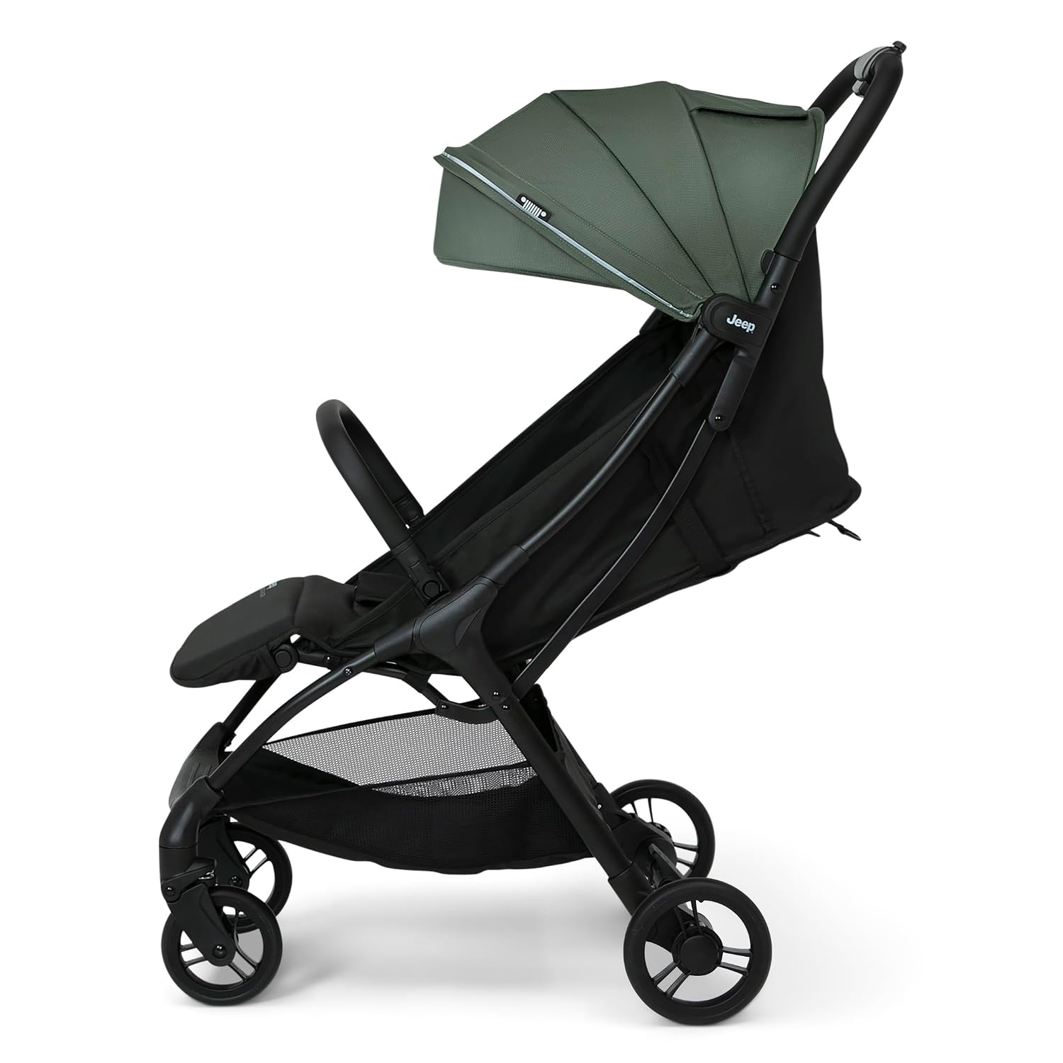 Jeep Altitude Compact Travel Stroller by Delta Children Greenguard Gold, Easy One Hand Fold, Lightweight, Extendable Canopy with Peek-a-Boo Window, Reclining Seat, 4 Wheel Suspension, Olive Green