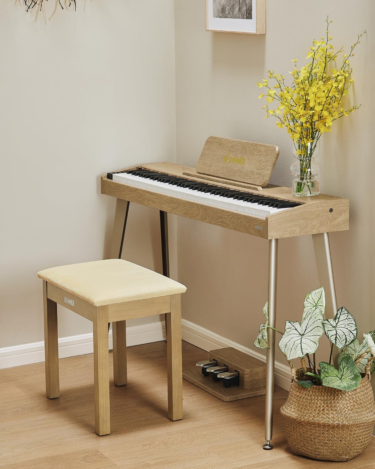 Donner Piano Bench with Storage, Solid Wood Keyboard Bench Piano Bookcase Stool Chair Seat with High-Density Sponges Pad, Black