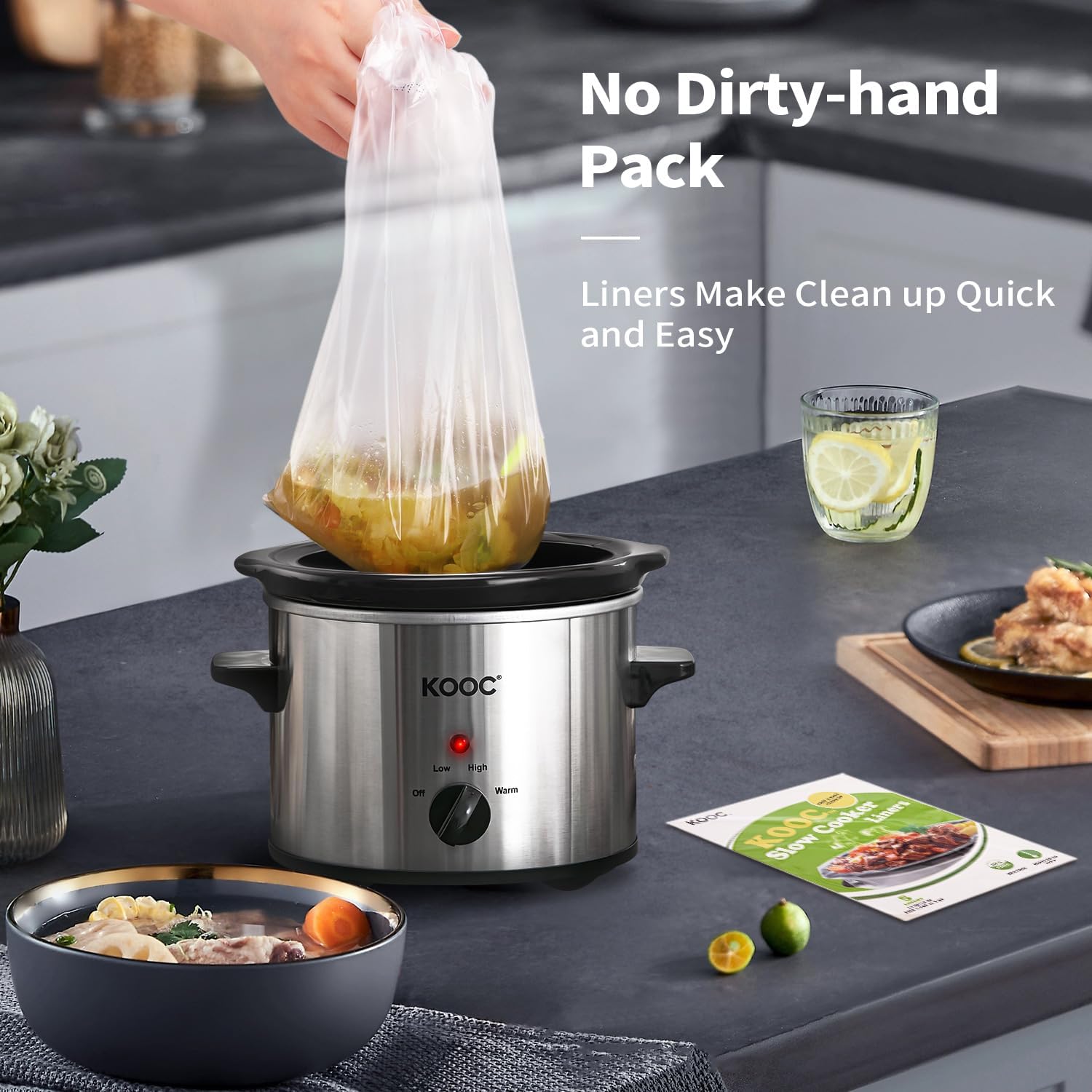 KOOC Small Slow Cooker, 2-Quart, Free Liners Included for Easy Clean-up, Upgraded Ceramic pot, Adjustable Temp, Nutrient Loss Reduction