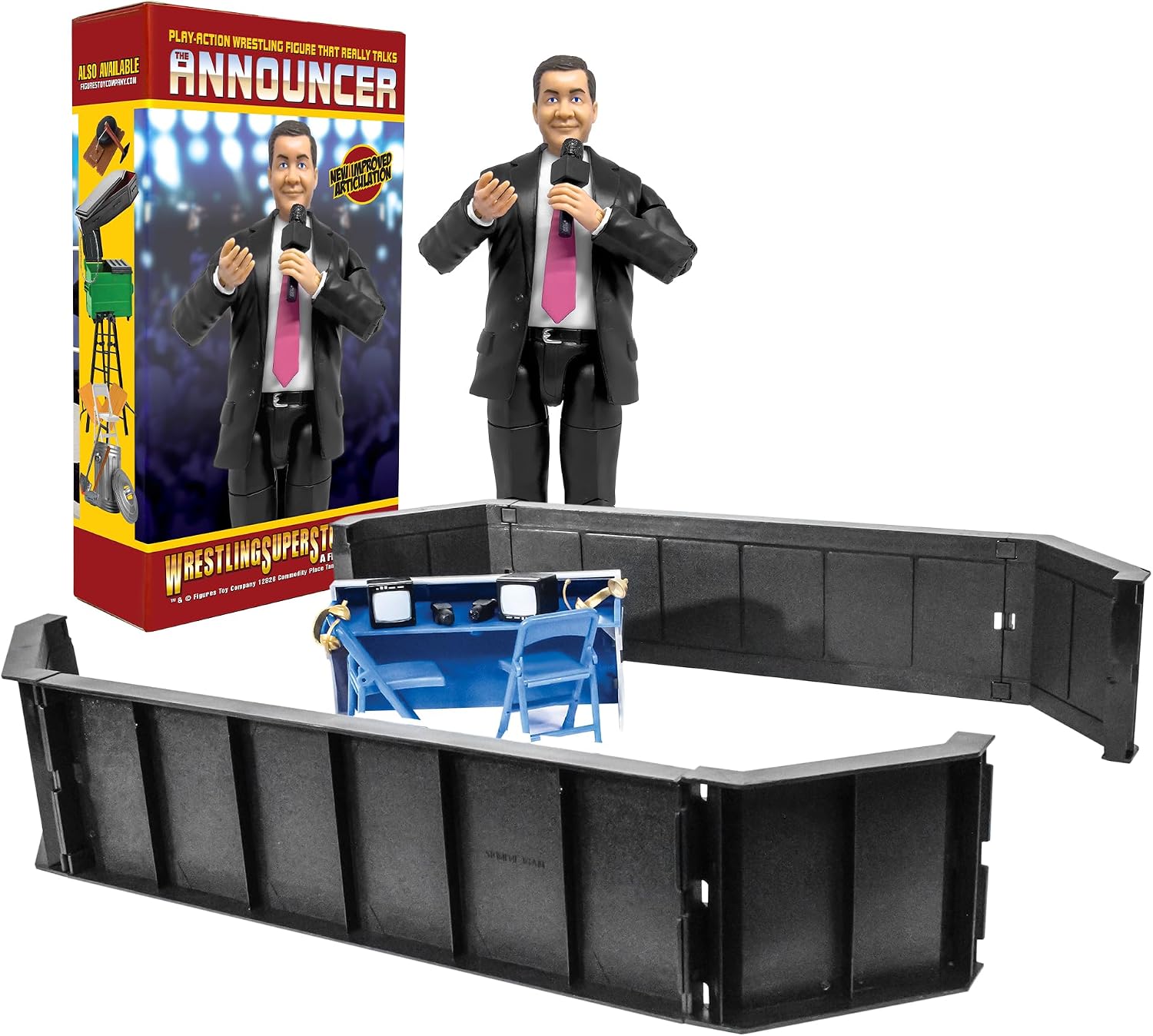 Talking Ring Announcer & Barricade Set for Wrestling Figures | Bring the Arena to Life with a Talking Announcer