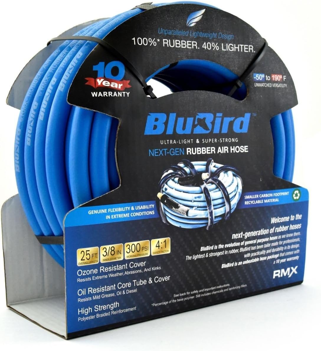 BLUBIRD BB3850 3/8" x 50' Rubber Air Hose, 100% Rubber, Lightest, Strongest, Most Flexible, 300 PSI, 50F to 190F Degrees, Ozone Resistant, High Strength Polyester Braided | High-Performance Pneumatic Hose for Automotive Construction & Industrial, Durable…