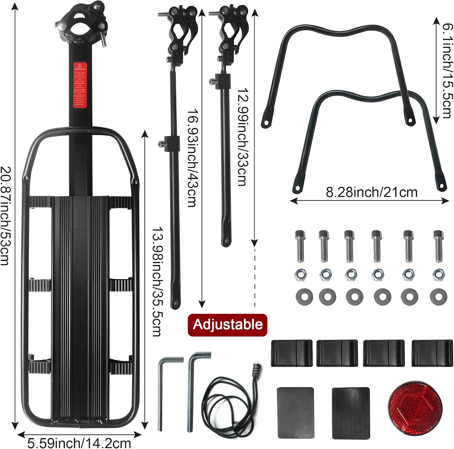 Dirza Rear Bike Rack Bicycle Cargo Rack Quick Release Adjustable Alloy Bicycle Carrier 115 lbs Capacity Easy to Install Black