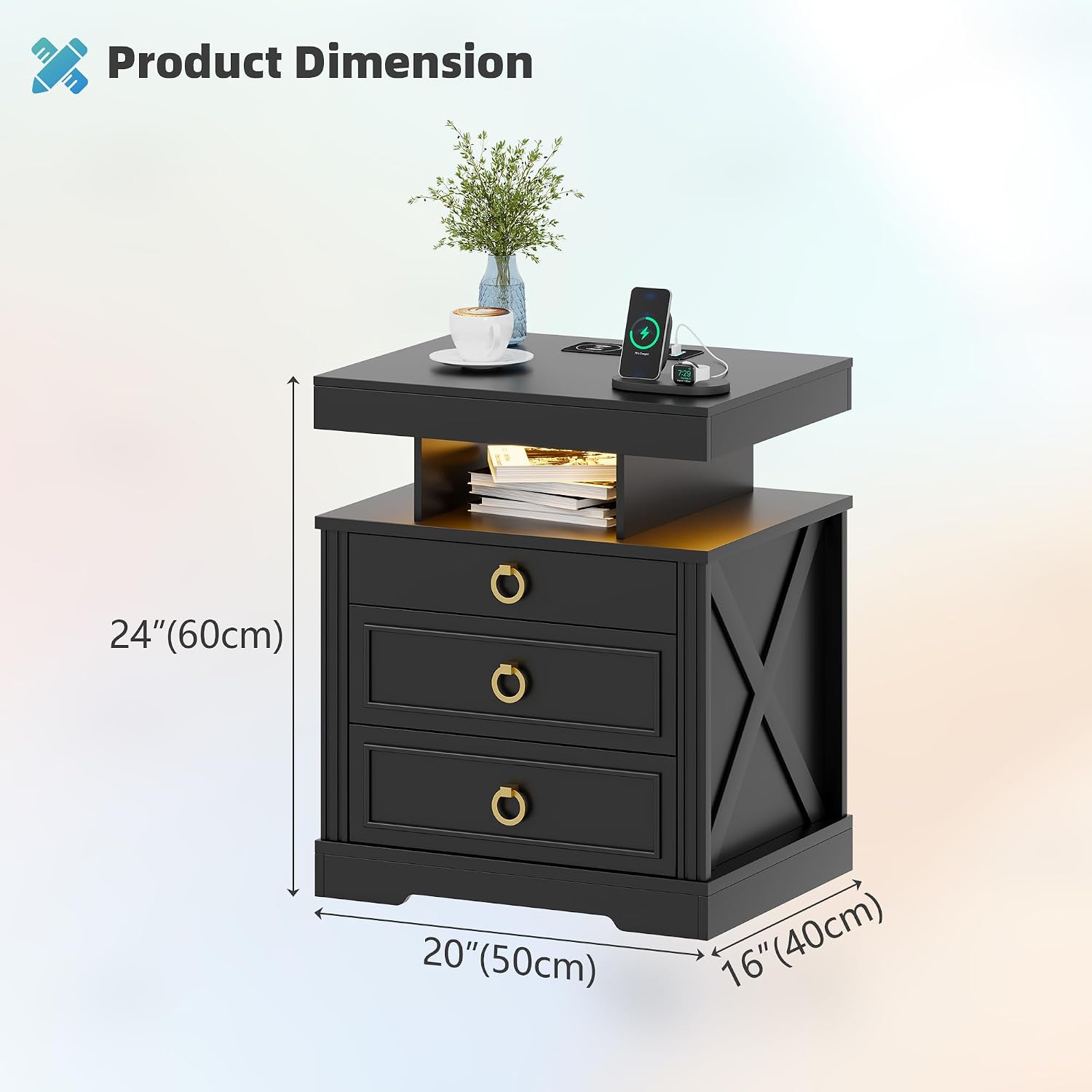 Smart LED Nightstand with Lockable Gun Drawer & Glass Top（Black） | Modern Bedside Table with Charging Station and Hidden Storage, LED Night Stand with 4 Drawers & Motion Sensor for Bedroom
