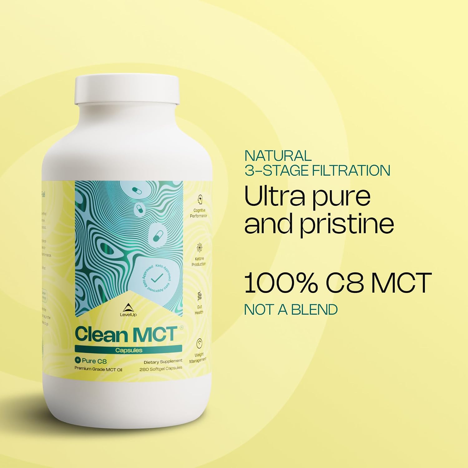 LevelUp Clean MCT Oil Capsules, 100% C8 Caprylic Acid, Keto, 280 Count | Mess-free MCT capsules for travel, coconut-sourced, non-GMO