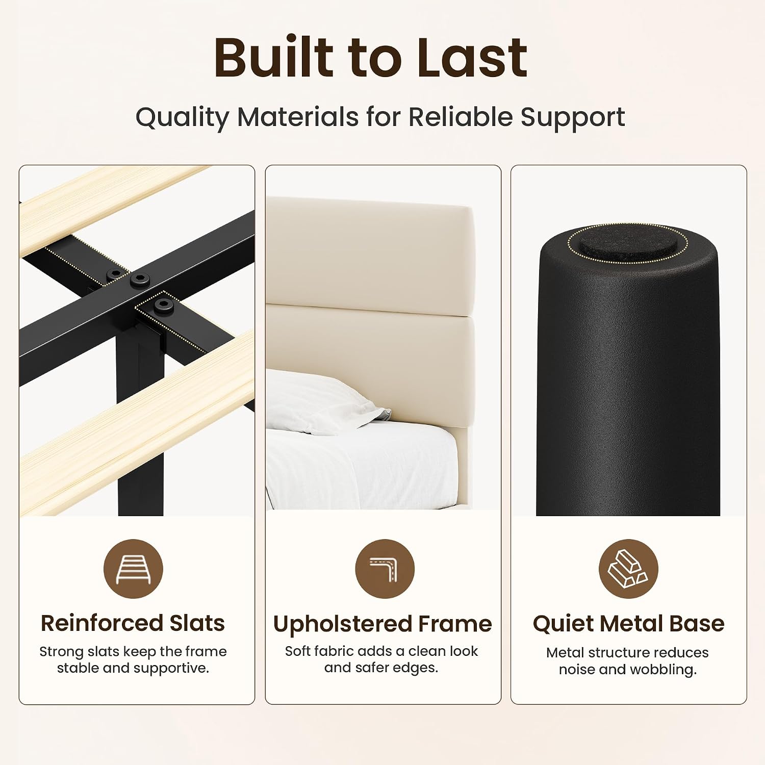 GRUSIGN Queen Size Platform Bed Frame with Velvet Headboard, Adjustable Height Wooden Slats Support, Upholstered Mattress Foundation, Fits Mattress or Mattress with Box Spring, Easy Assembly, Beige