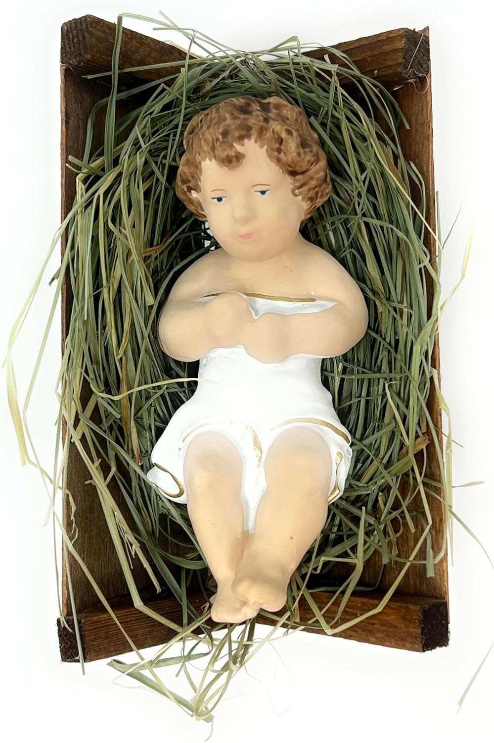 4 Inch Baby Jesus in Manger Figurine, Small Baby Jesus Manger Crib for Nativity Set on Natural Hay, Handcrafted Holy Gift Made in Poland