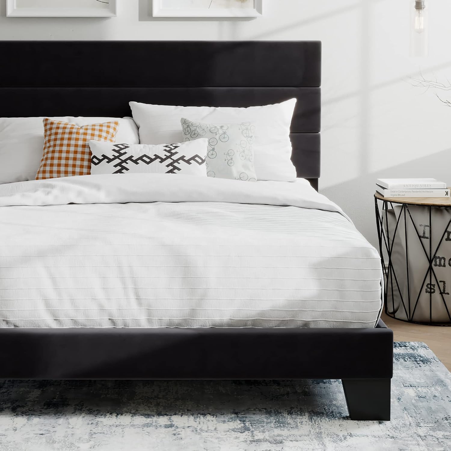 SHA CERLIN Full Platform Bed Frame with Upholstered Fabric Headboard, Grey