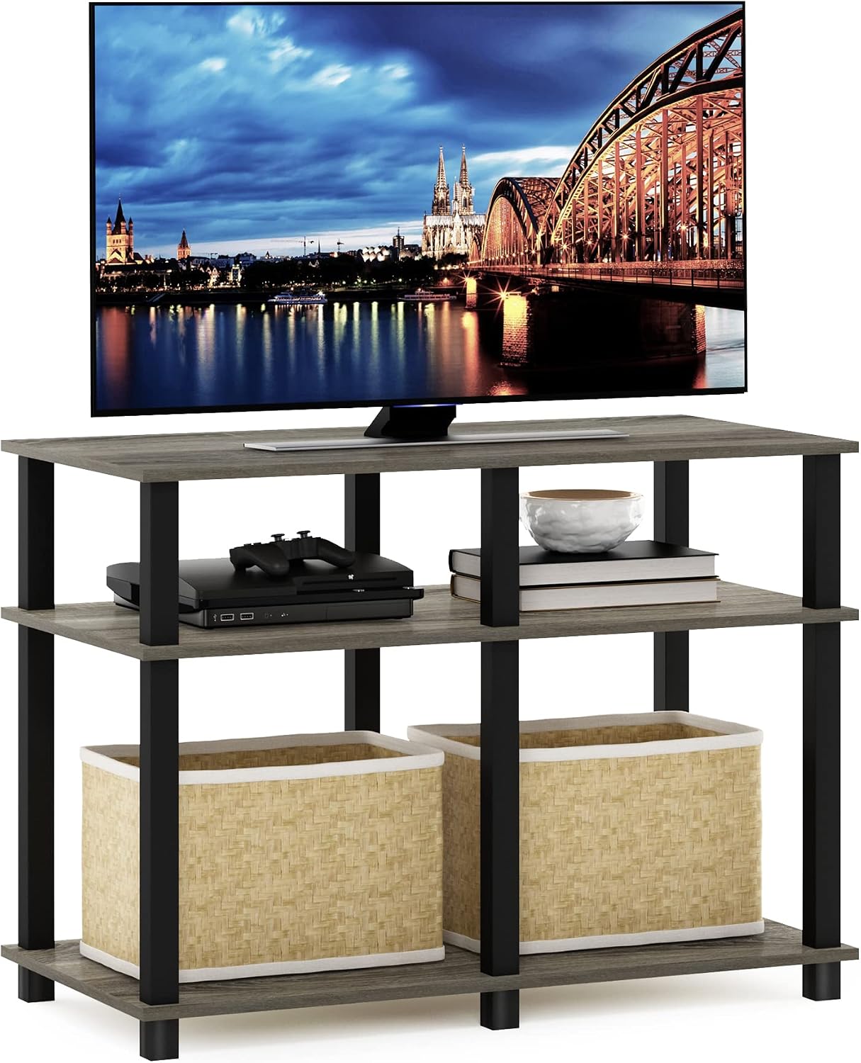Furinno Turn-S-Tube No Tools 3-Tier Entertainment TV Stands, Dark Cherry and Black