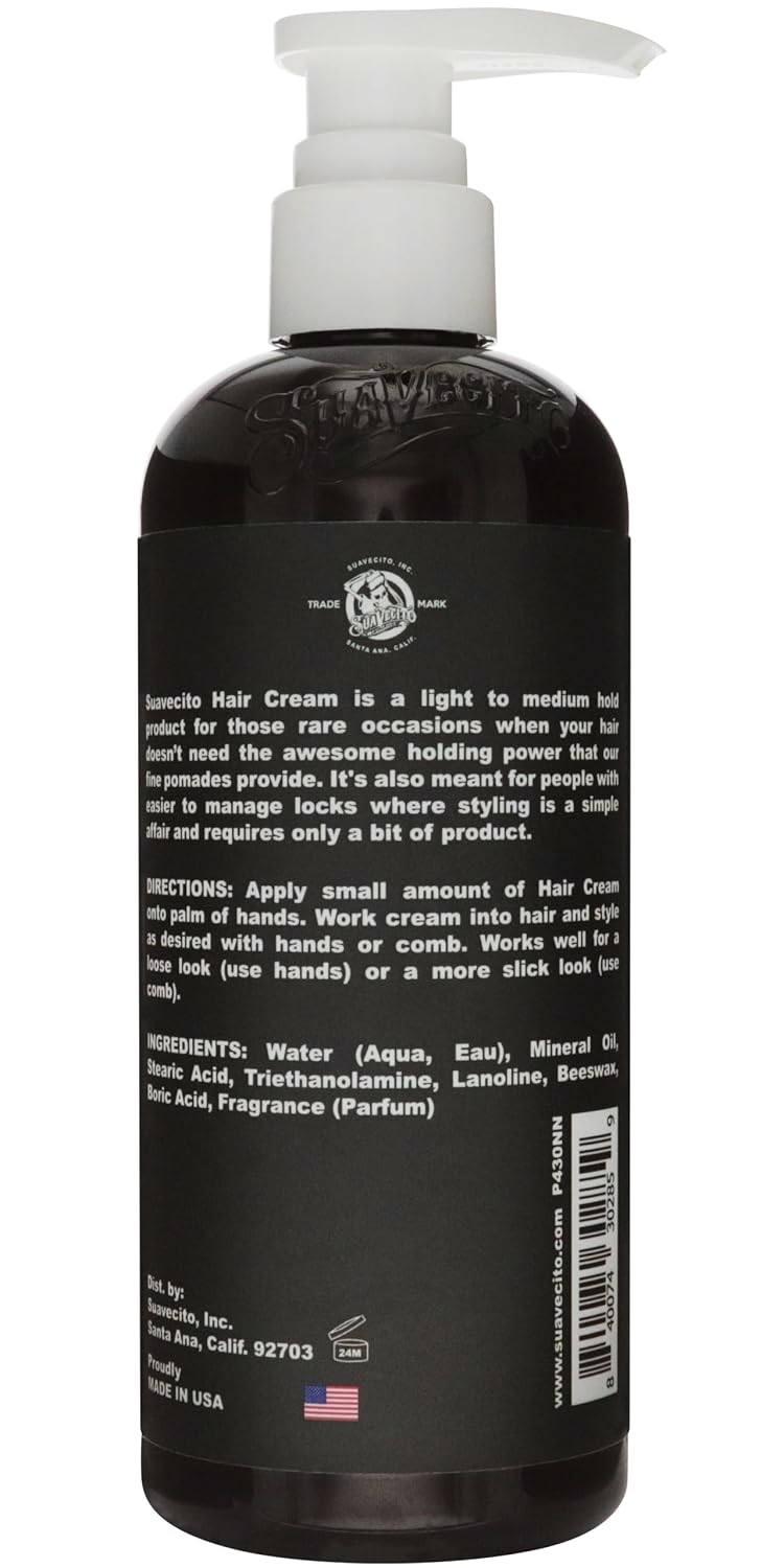 Suavecito Hair Cream for Men - Pump Bottle, Light Hold, Natural Shine, Water Based, Tames Frizz, Great for Curly Hair