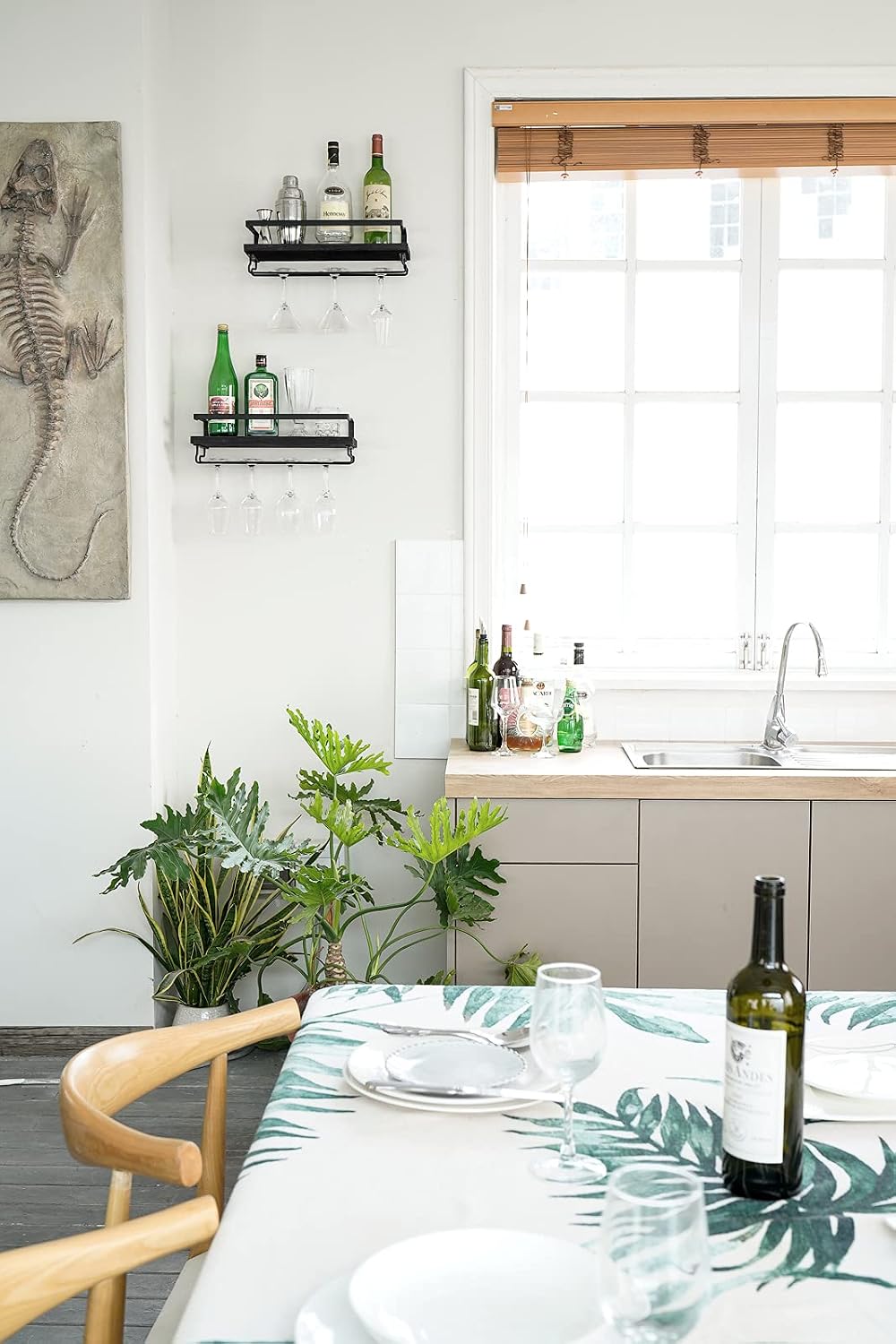 Mkono Wall Mounted Wine Rack Set of 2 Wood Rustic Wine Bottle Glass Floating Shelves with Stemware Hanger Modern Plants Photos Wine Display Storage