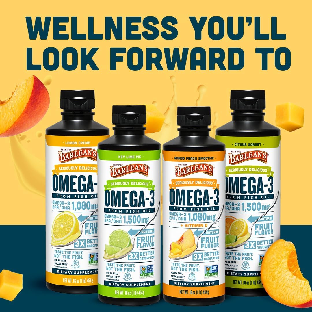 Barlean's Mango Peach Omega-3 Fish Oil, Vitamin D, 1080mg EPA & DHA, 8oz | Wild-caught fish oil plus vitamin D, EPA DHA omega-3, Burpless, Non-GMO, Gluten-free, Heart, brain, bone & immune