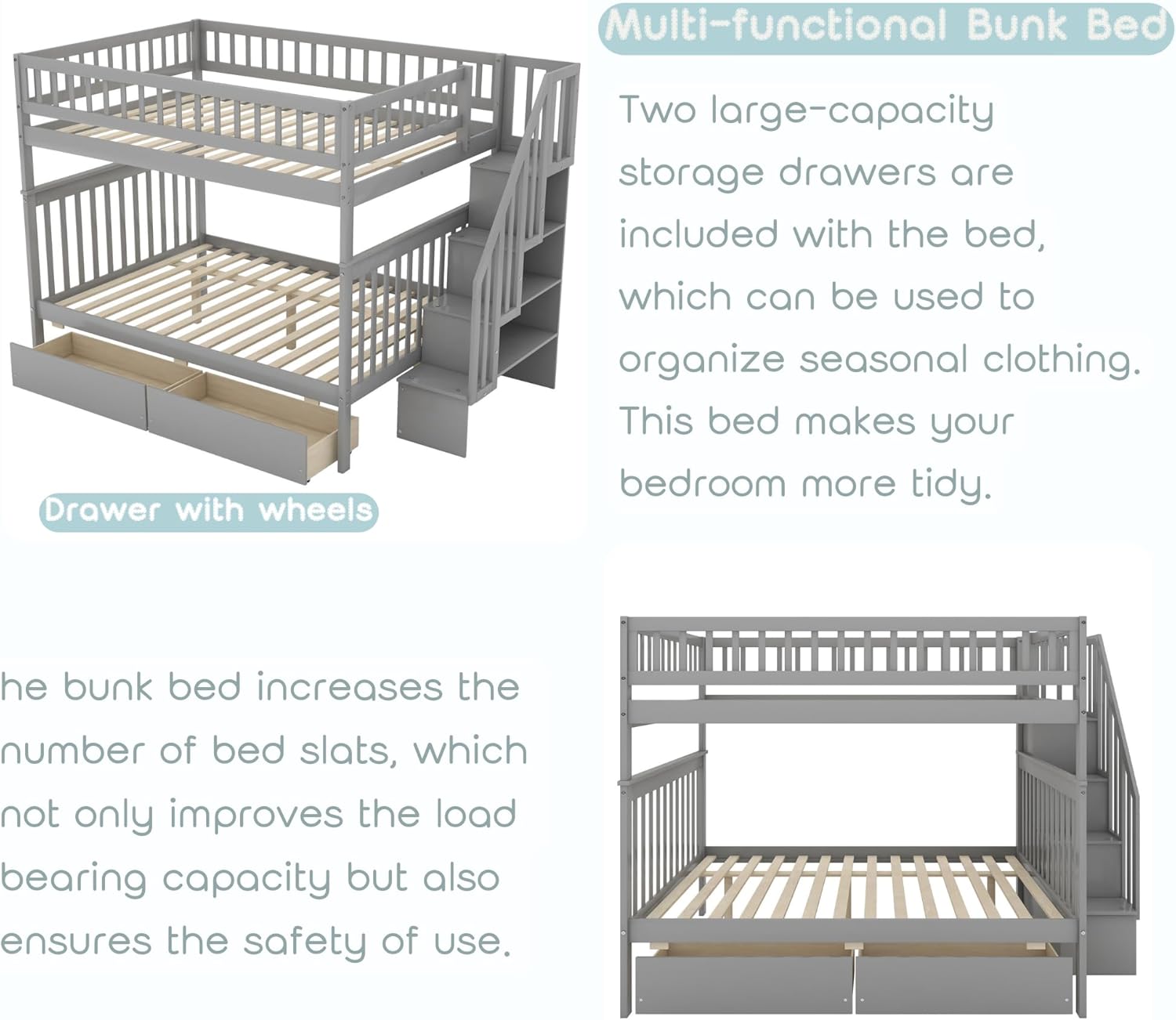 Bellemave Full Over Full Bunk Beds with Stairs Stairway Bunk Bed Frame with Storage Shelves for Teens Adult, Detachable Wood Full Bunk Bed, Gray