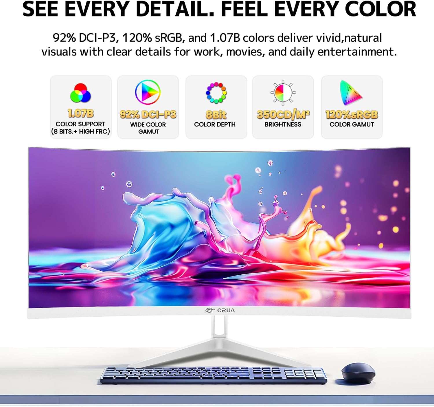 CRUA 34 Inch 21:9 UWQHD 100Hz IPS Ultrawide Curved Monitor, Speakers, White | 120% sRGB, 92% DCI-P3, 1.07B Colors, FreeSync, Blue Light, 3800R, HDMI 2.0, DP 1.4, 100x100 Mount, Office, Editing, Design PC