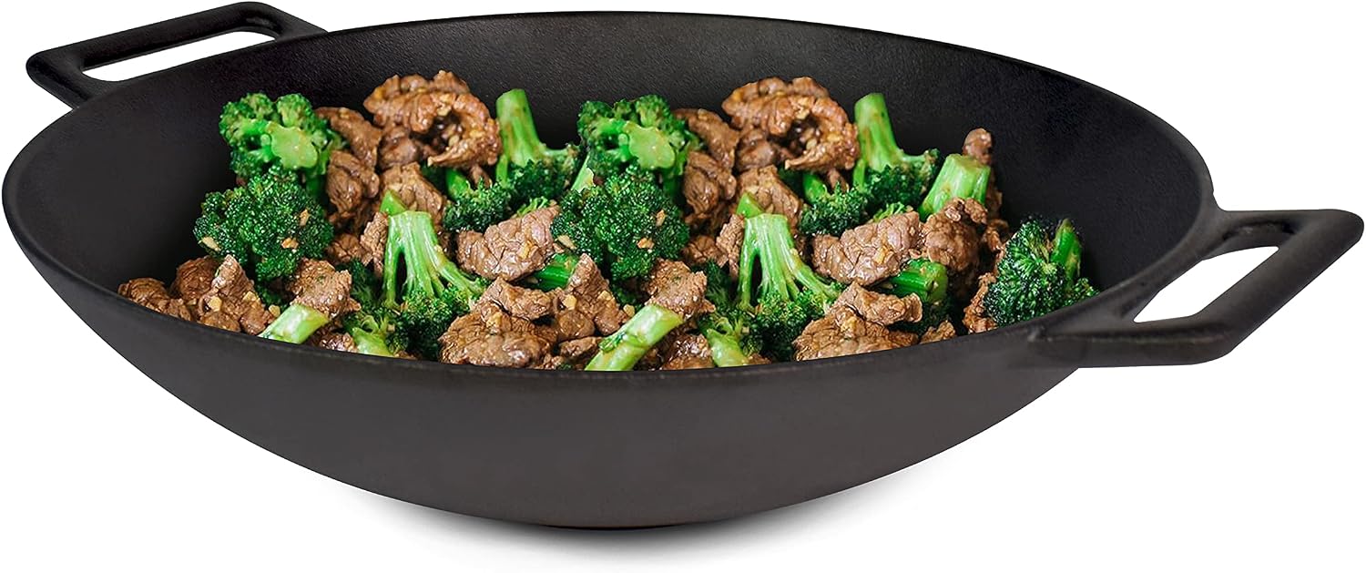 Jim Beam 12'' Pre Seasoned Heavy Duty Construction Cast Iron Grilling Wok, Griddle and Stir Fry Pan