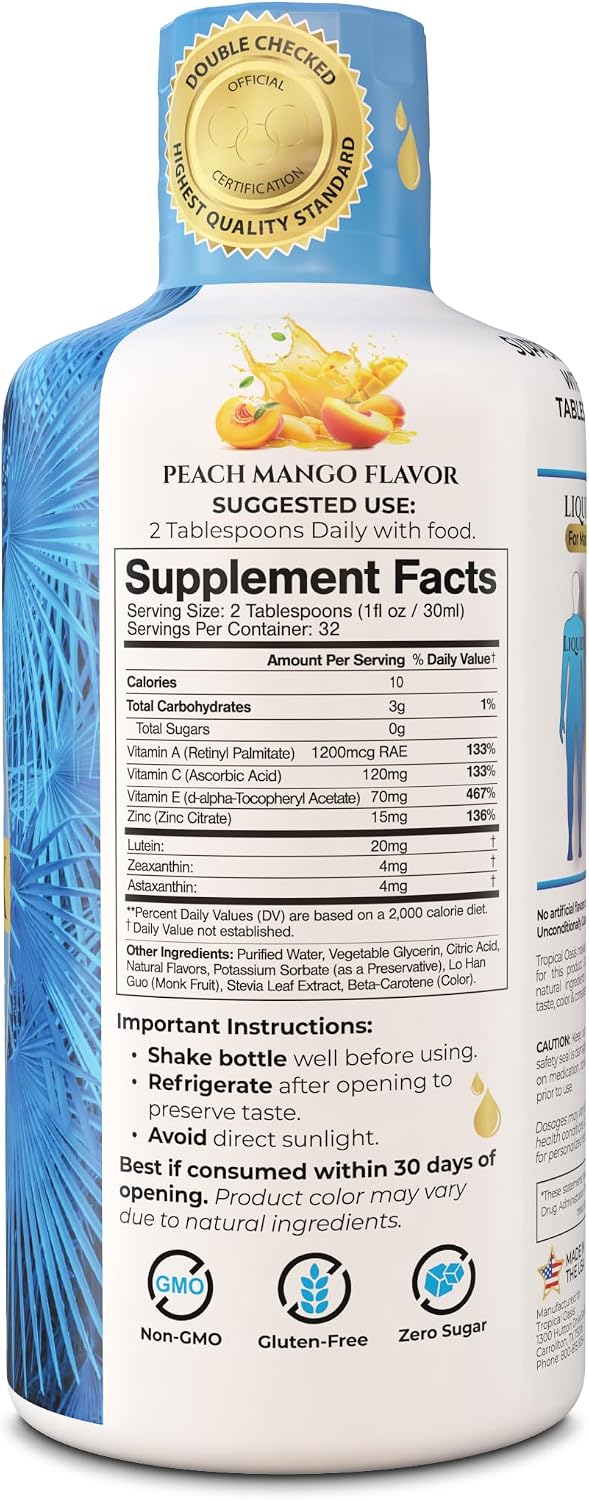 Liquid 20-20 Vision Support | AREDS 2 Based Eye Vitamin Formula w/20mg Lutein, 4mg Zeaxanthin, Vitamin A, C, E