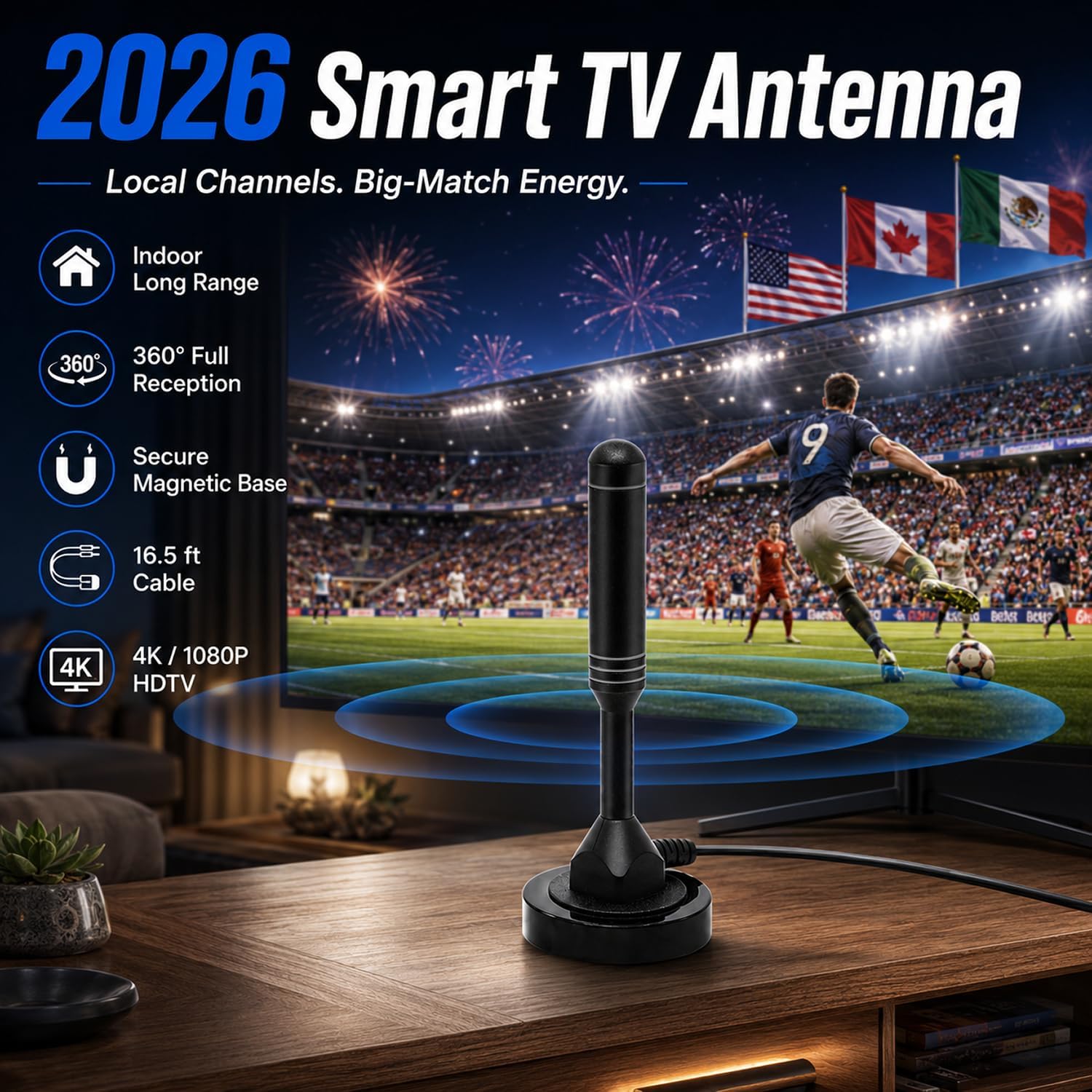 Chaowei 2026 TV Antenna for Smart TV Indoor (16.5ft) Cable | Long Range HD Digital Antenna for Local Channels with Strong Magnetic Base, 360° Reception, Supports 4K 1080P HDTV