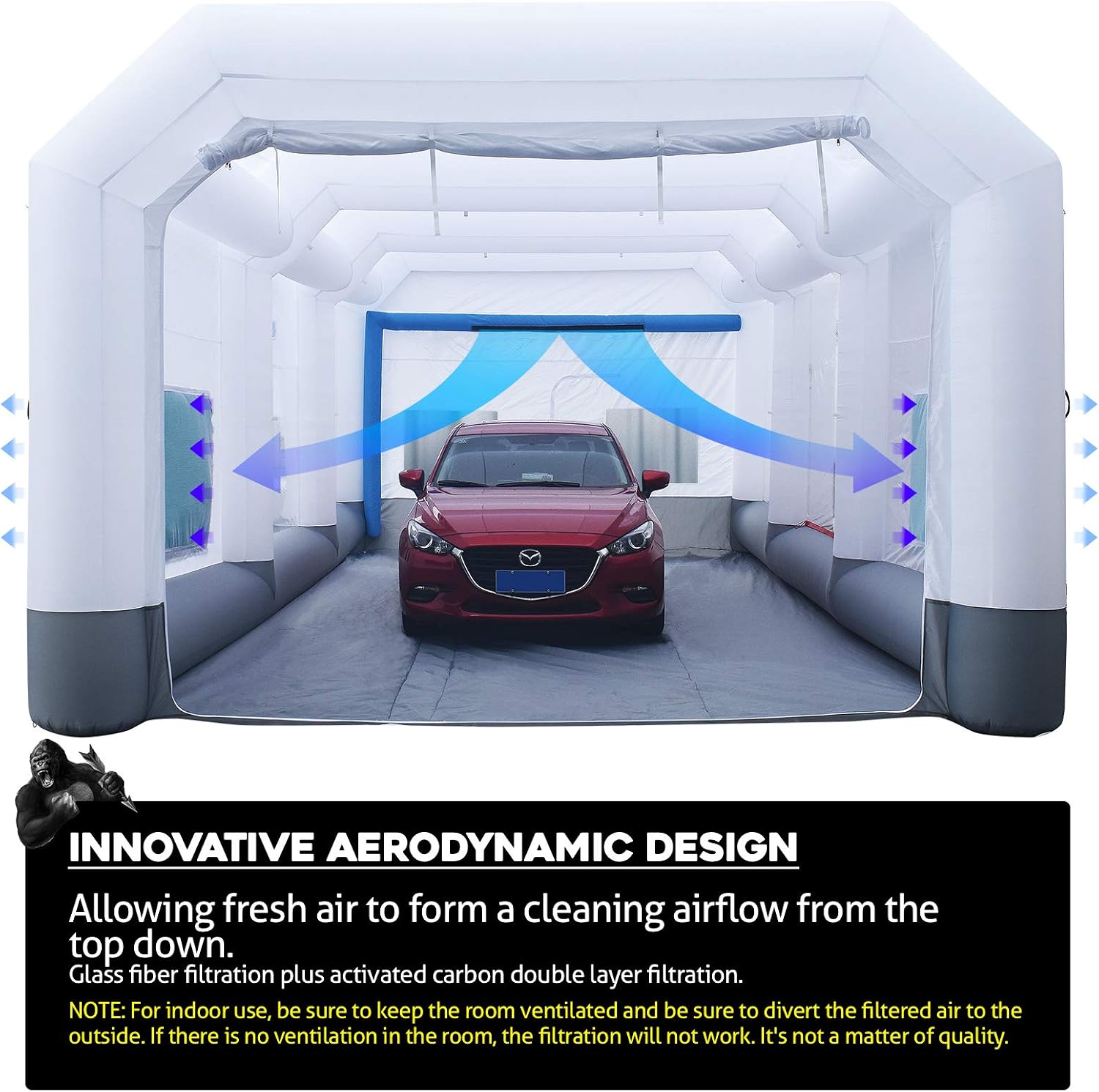 GORILLASPRO Inflatable Paint Booth 26x15x10Ft, Inflatable Spray Booth with (750W + 950W) Blowers, Upgrade Air Filter System Environment Friendly