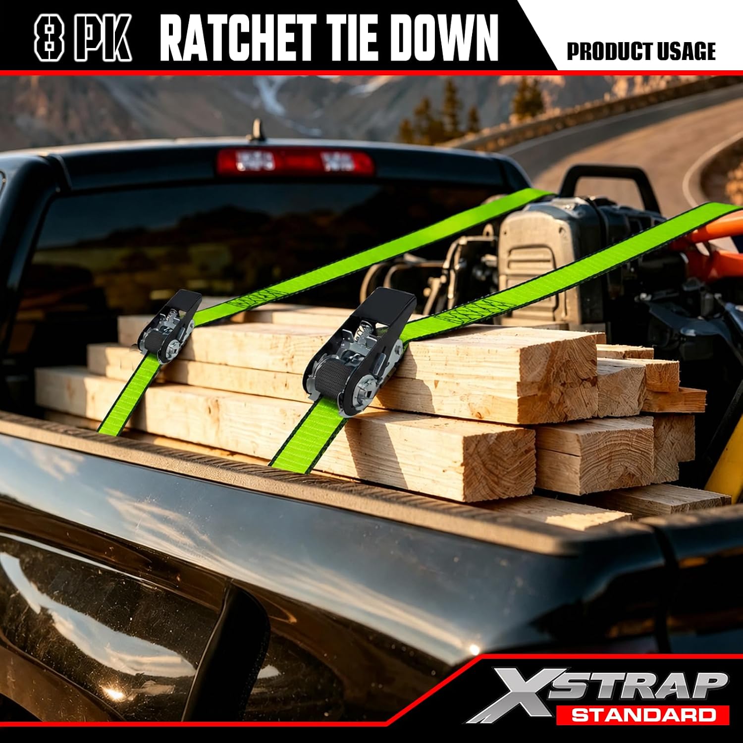 XSTRAP STANDARD 8-PK Ratchet Tie Down Straps, 1" x 10ft Cargo Strap, Yellow