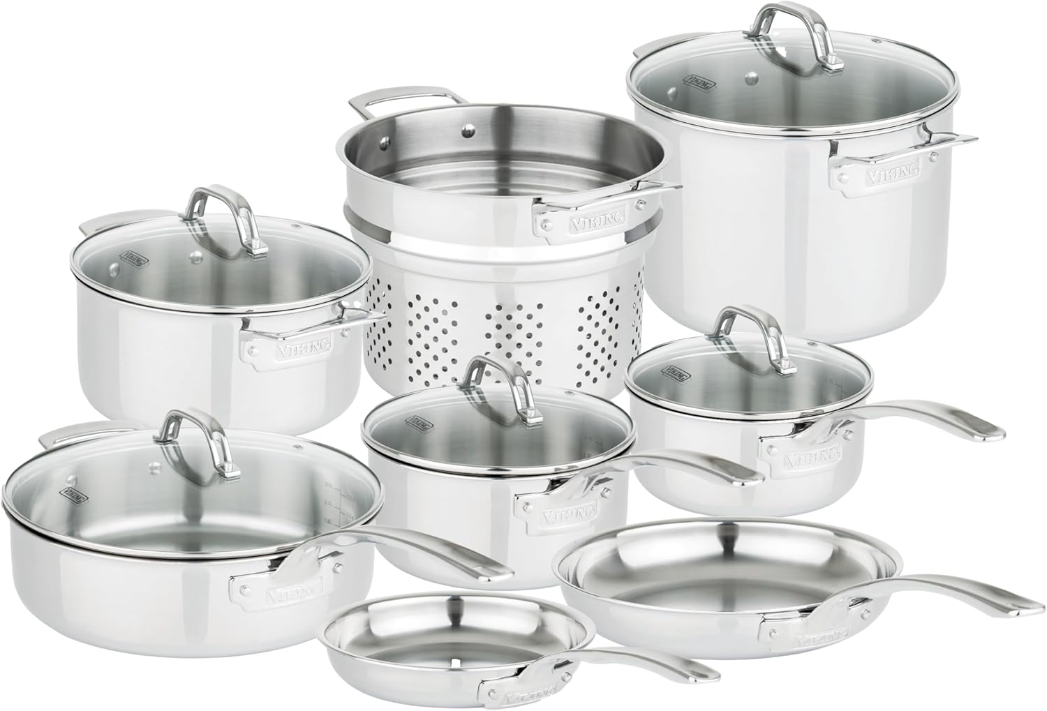 Viking 3-Ply Pots and Pans Set, 17 Piece Stainless Steel Cookware Glass Lids, Steamer Insert, Silver