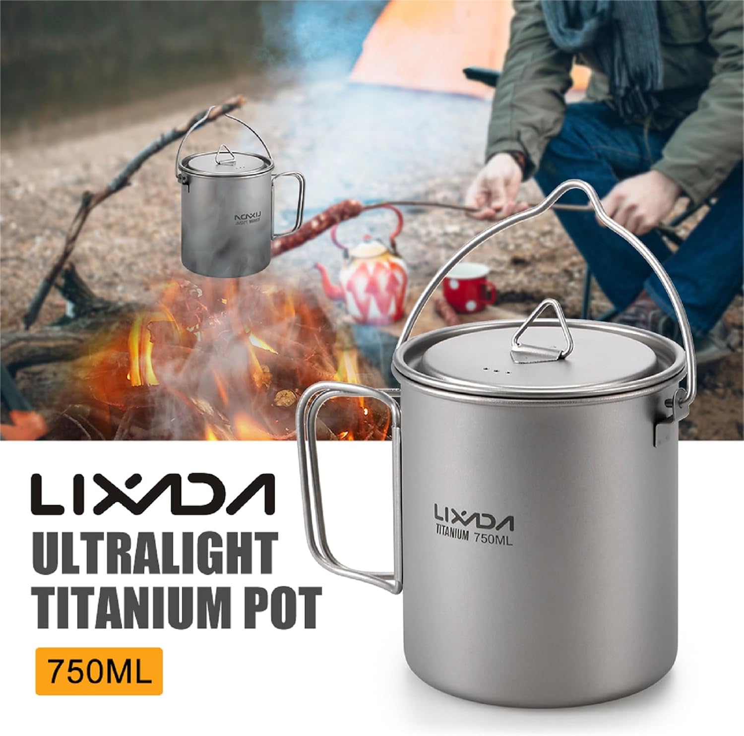 Lixada Titanium Water Mug Cup with Lid and Foldable Handle Ultralight 750ml Titanium Pot Portable Outdoor Camping Cooking Picnic