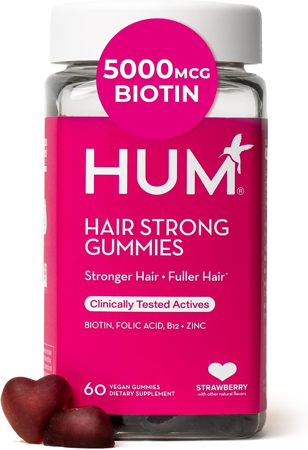 HUM Hair Strong Strawberry Gummies, Hair Growth Support, 60 Count | Folic Acid, Fo-Ti Root Extract, Biotin, Zinc & B12, Vegan Strawberry Gummies, Women & Men