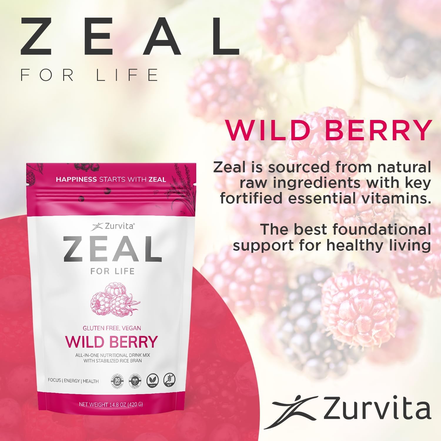 Zurvita - Zeal for Life Wild Berry Wellness Drink Mix - 420 g | Contains Vitamins, Minerals, Antioxidants, Plant Nutrients, Digestive Enzymes, And Phytonutrients For Daily Nutrition