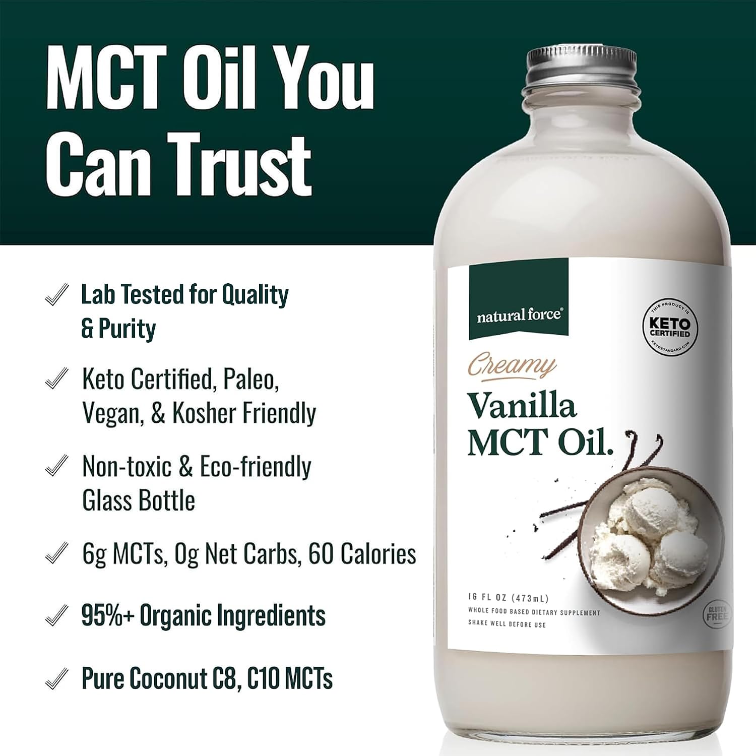 Natural Force Creamy Vanilla MCT Oil – Non Dairy, Keto Certified, Emulsified MCTs for Low-Carb, Ketogenic Coffee, Smoothies