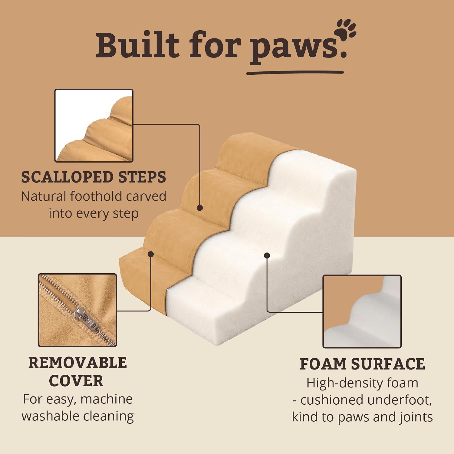 Snoozer Scalloped Dog Ramp, 14” Tall Foam Pet Stairs, 3 Steps, Red | Lightweight & portable foam dog stairs, Removable washable cover, Great for small, old, or injured pets up to 100lbs