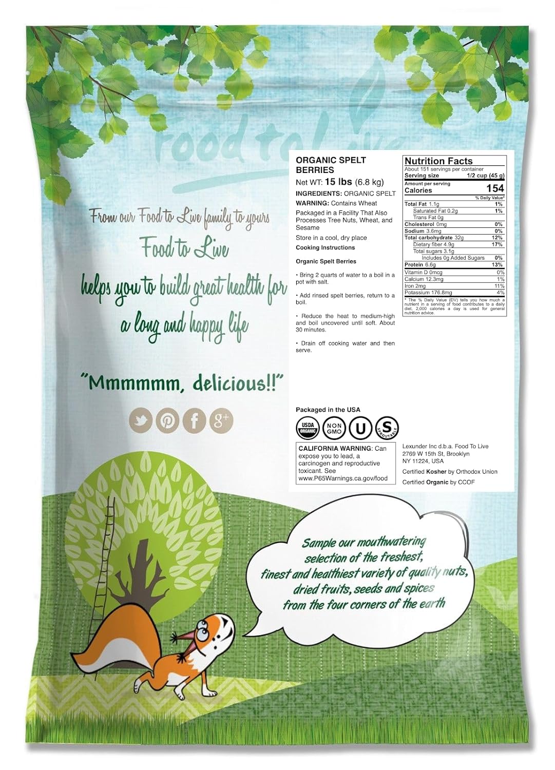 Food to Live Organic Spelt Berries, 3 Pounds - Non-GMO, Whole Grain, Non-Irradiated, Vegan Superfood, Bulk, Product of the USA