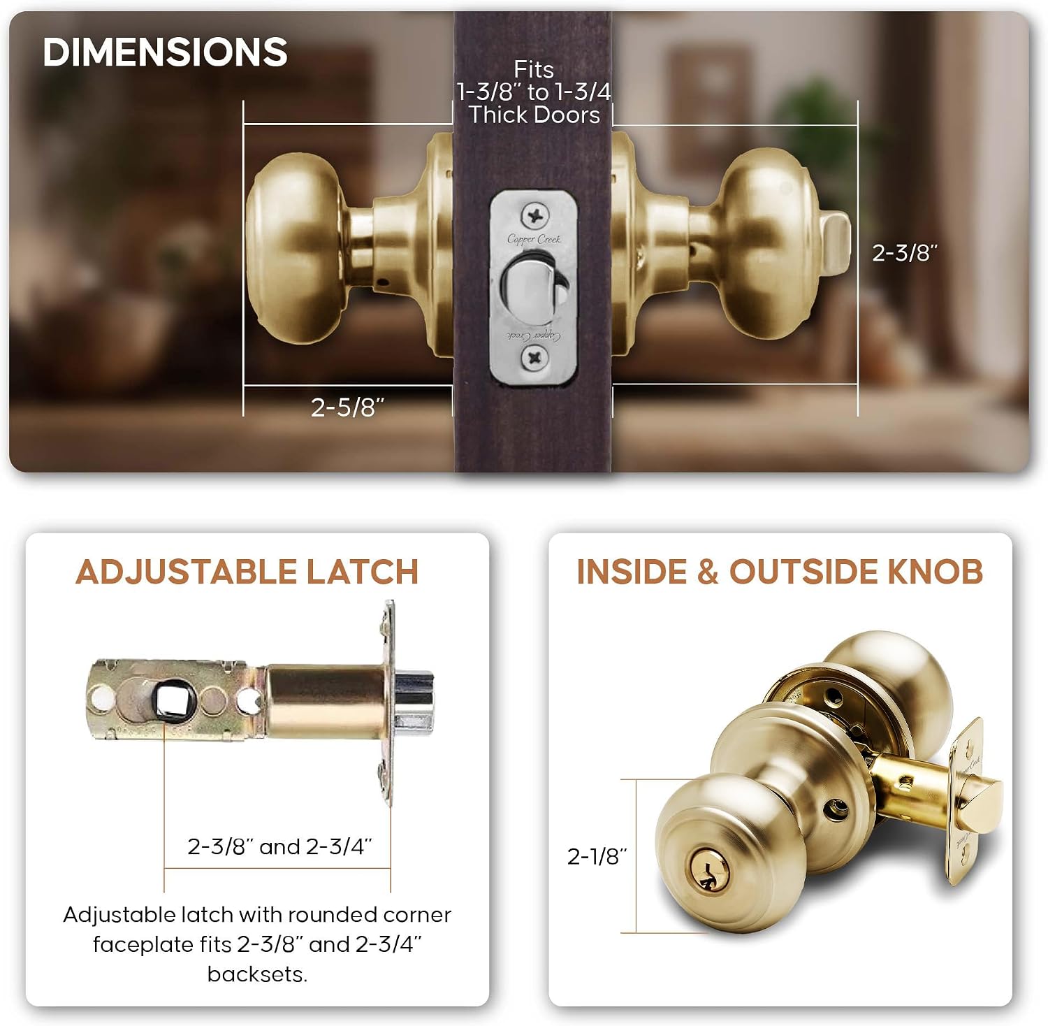 Copper Creek Colonial Privacy Interior Door Knob – ANSI Grade-3 Certified, Modern Heavy Duty Handle, Easy Install and Reversible for Bedroom, Bathroom and Closets – Satin Stainless (1 Pack)