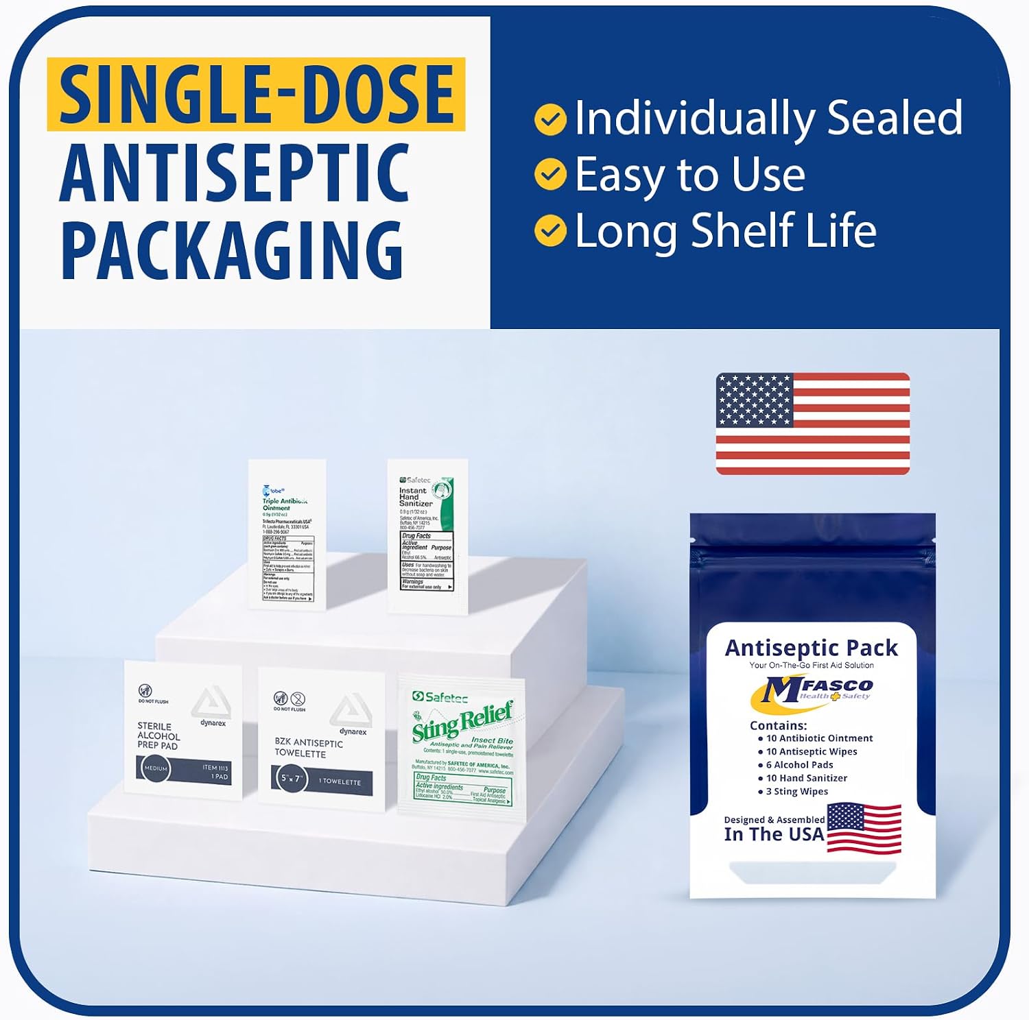 MFASCO Antiseptic Wound Care Travel Pack | 39 Piece First Aid Kit Refill | BZK, Antiseptic Wipes, Sting Relief, Wound Ointment | Essential First Aid Supplies | Refill Personal First Aid Kits