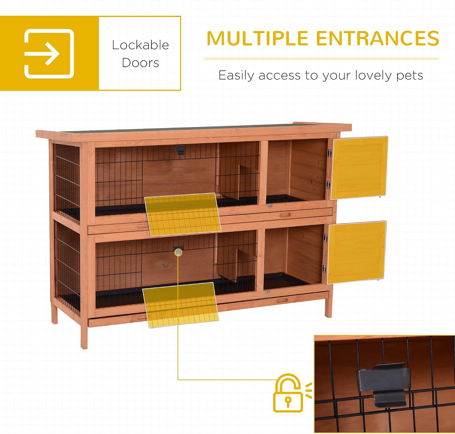 PawHut 54" 2-Story Large Rabbit Hutch Bunny Cage Wooden Pet House Small Animal Habitat with Lockable Doors, No Leak Tray and waterproof Roof for Outdoor/Indoor Orange | Wooden Pet House, Small Animal Habitat, No Leak Tray, Waterproof Roof, for Chickens D…