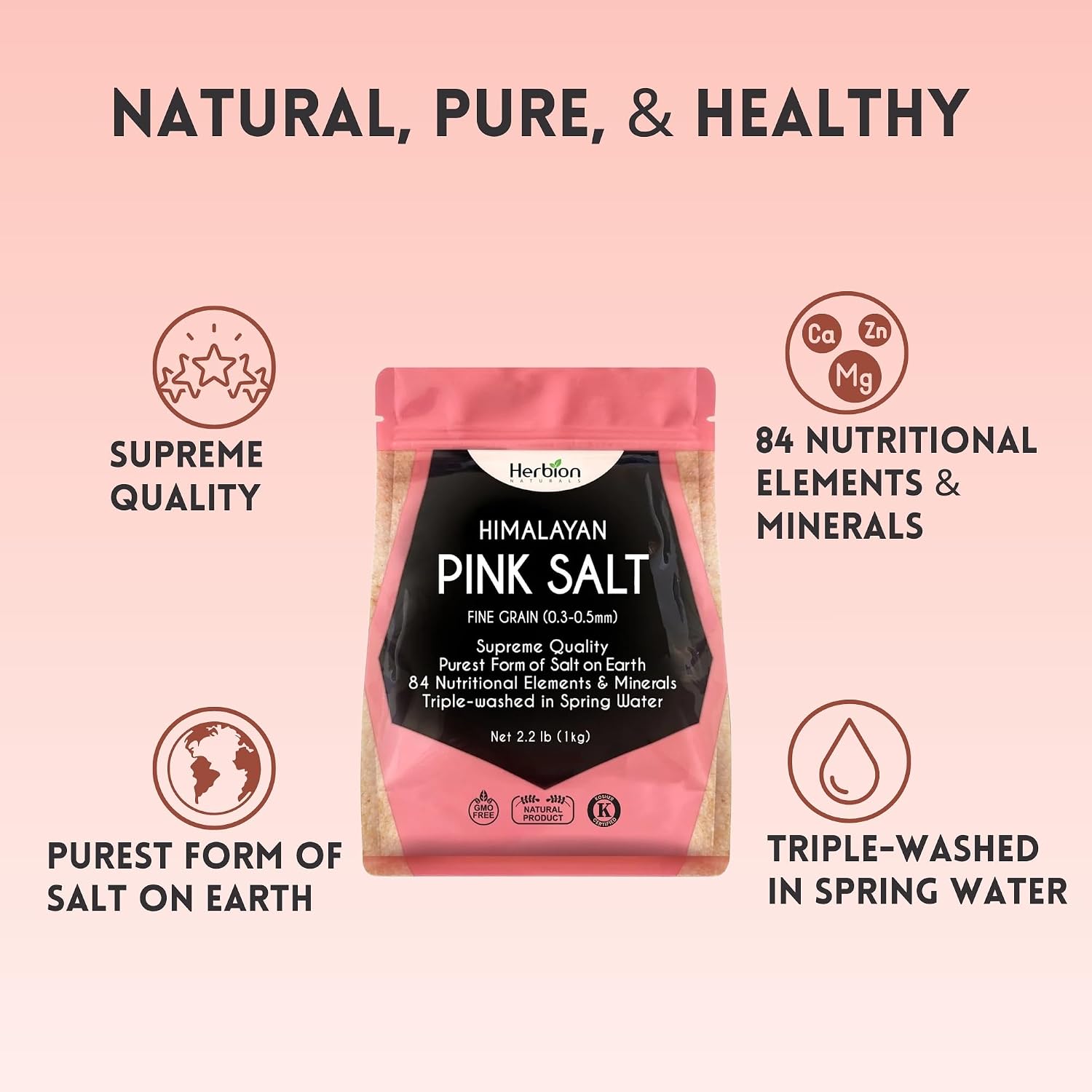HERBION Naturals Himalayan Pink Salt Jar Fine Grain, GMO Free, Supreme Quality Chemical Free, Vegan, Kosher Certified, Fine Grain All Natural Salt