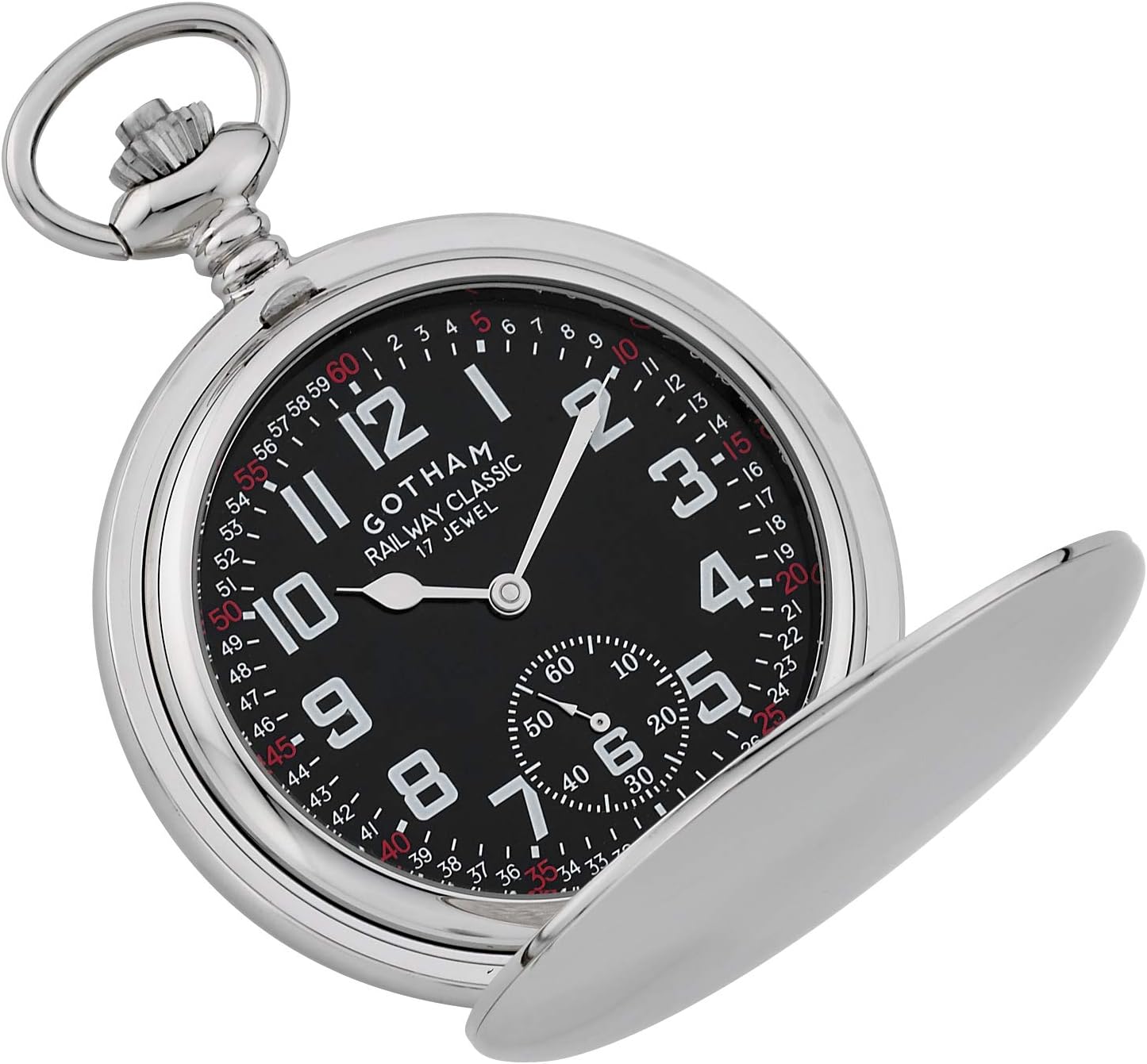 Gotham Men's Silver-Tone Railroad Dial Double Hunter 17 Jewel Mechanical Pocket Watch # GWC18806SB
