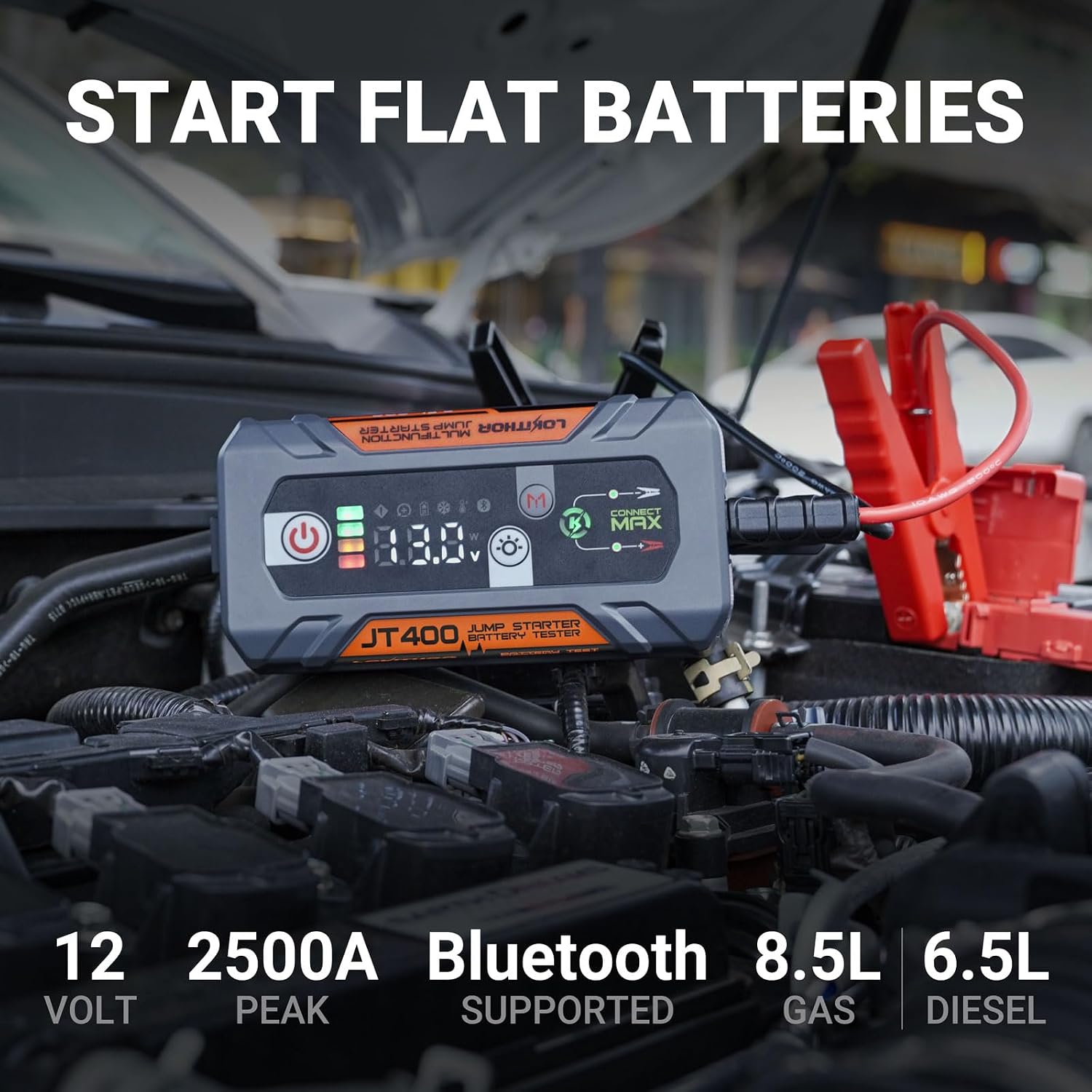 LOKITHOR JT400 2500A Portable Jump Starter with 100–2000 CCA Battery Tester, 12V Car Battery Jump Starter for Up to 8.5L Gas or 6.5L Diesel Engines, Smart Bluetooth Automotive Battery Load Tester