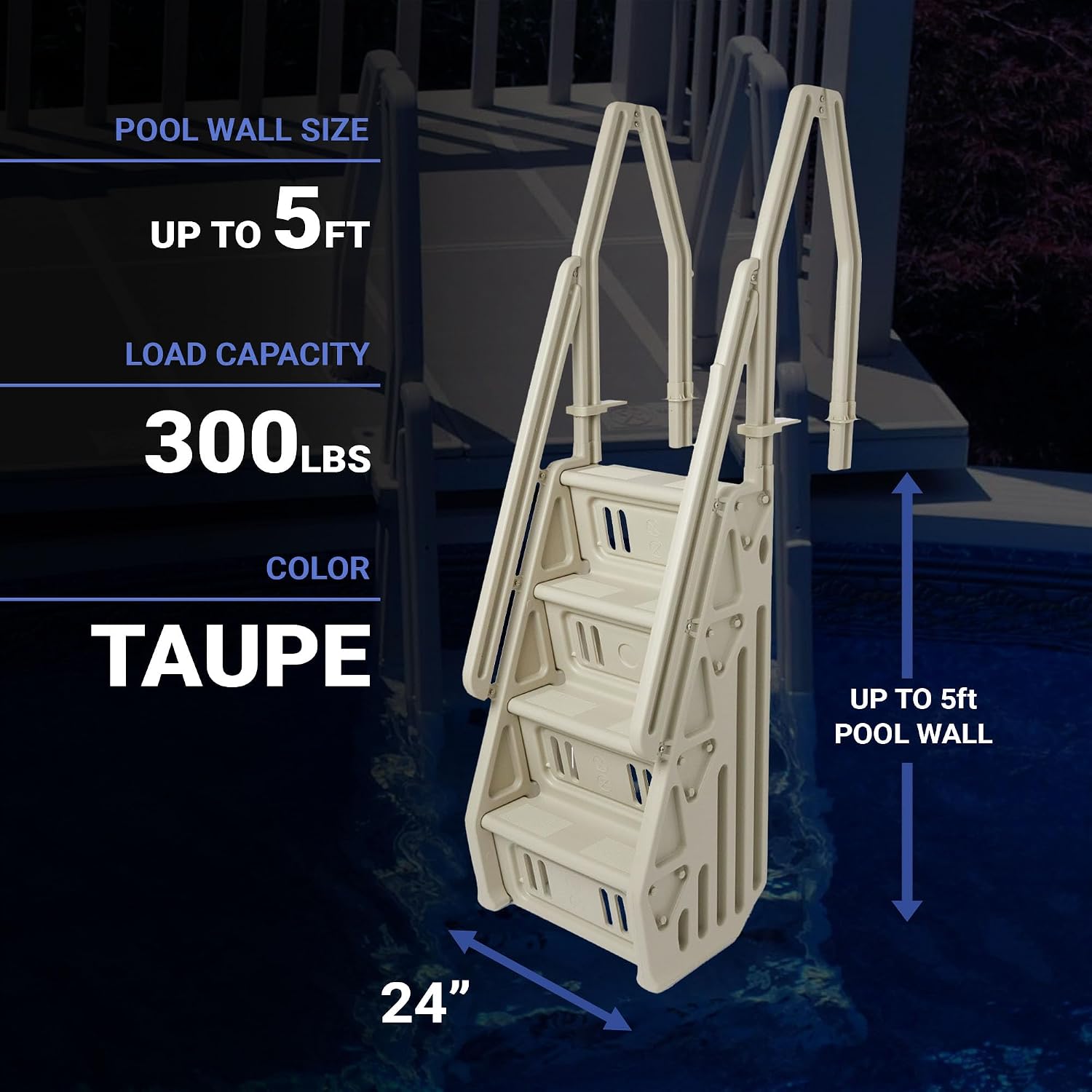 Deluxe Adjustable 24 Inch Wide in Pool Step Ladder Entry System for Above Ground Swimming Pools with Non Slip Steps, Taupe