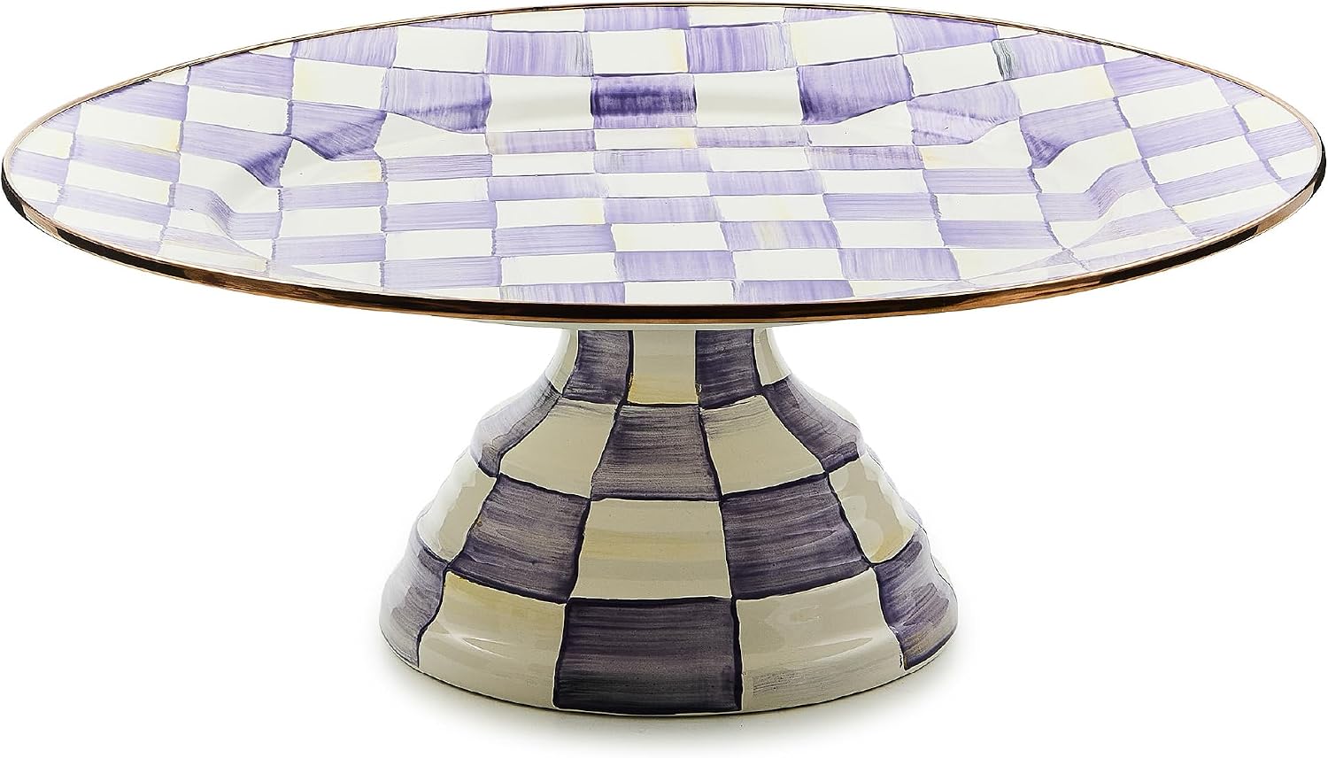 MACKENZIE-CHILDS Pedestal Platter, Mini, Black-and-White Courtly Check | Hand-painted design, made from enameled steel, stackable round cake stand for serving desserts, 8" dia. x 3" H