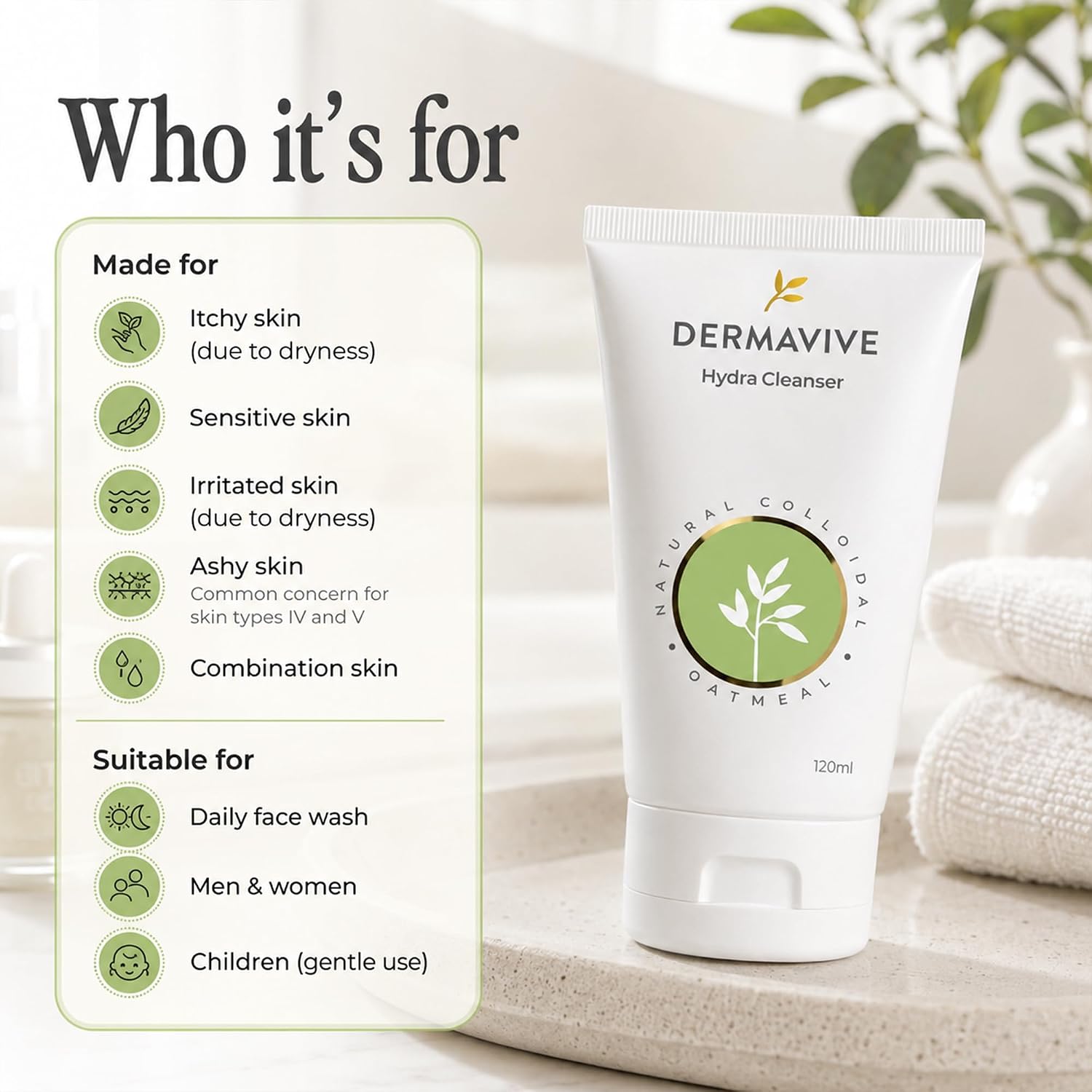 Dermavive Hydrating Facial Cleanser, Soap-Free Gentle Cleanser with Colloidal Oatmeal & Vitamin E, Soothes & Moisturizes Sensitive & Dry Skin