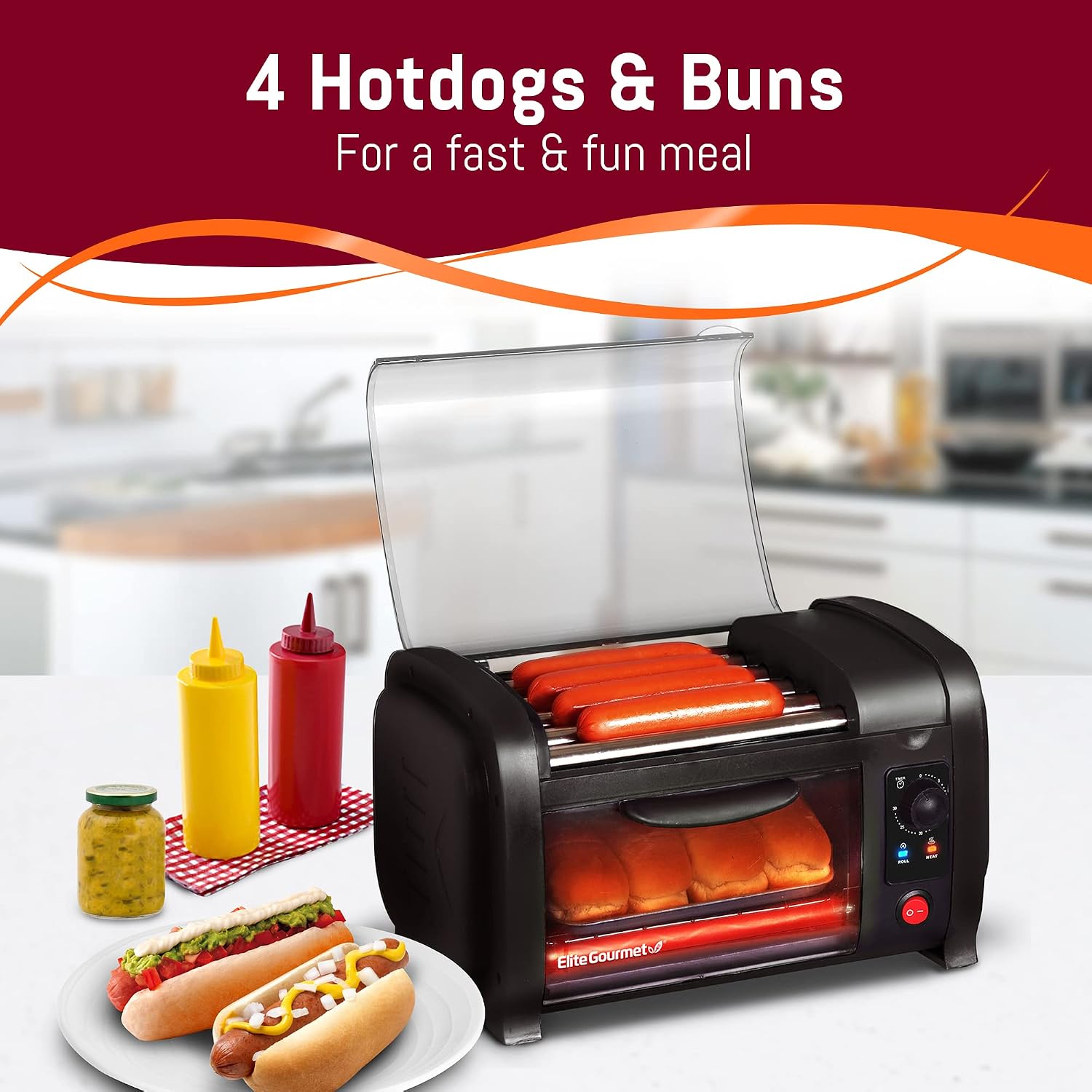 Elite Gourmet EHD-051B Hot Dog Toaster Oven, Steel Rollers, 4-Bun, Black | 30-Min Timer