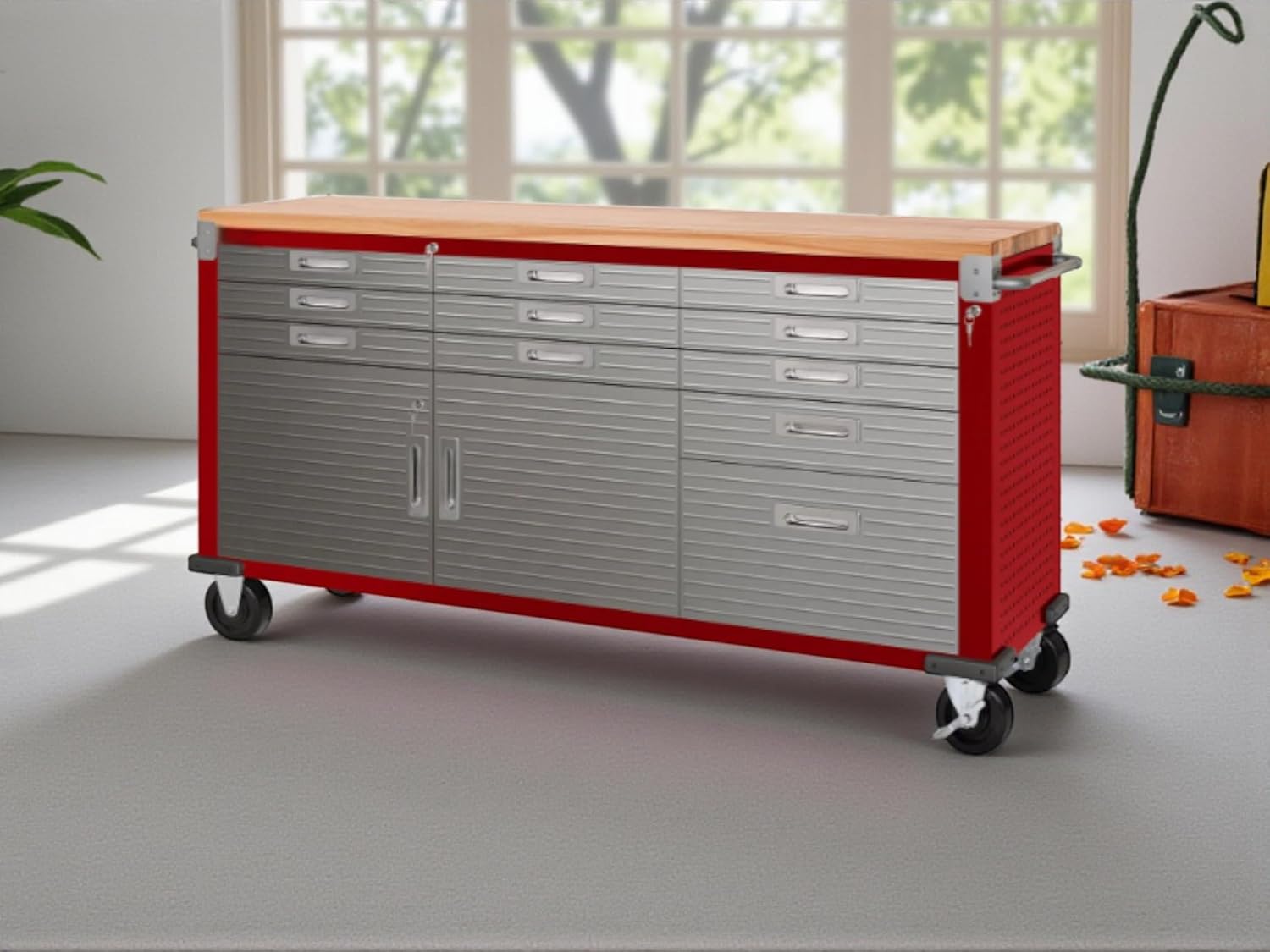 Heavy-Duty Rolling Workbench with Drawers and Cabinet, 77" W x 20" D x 37.5" H, (Red, 11 Drawer)