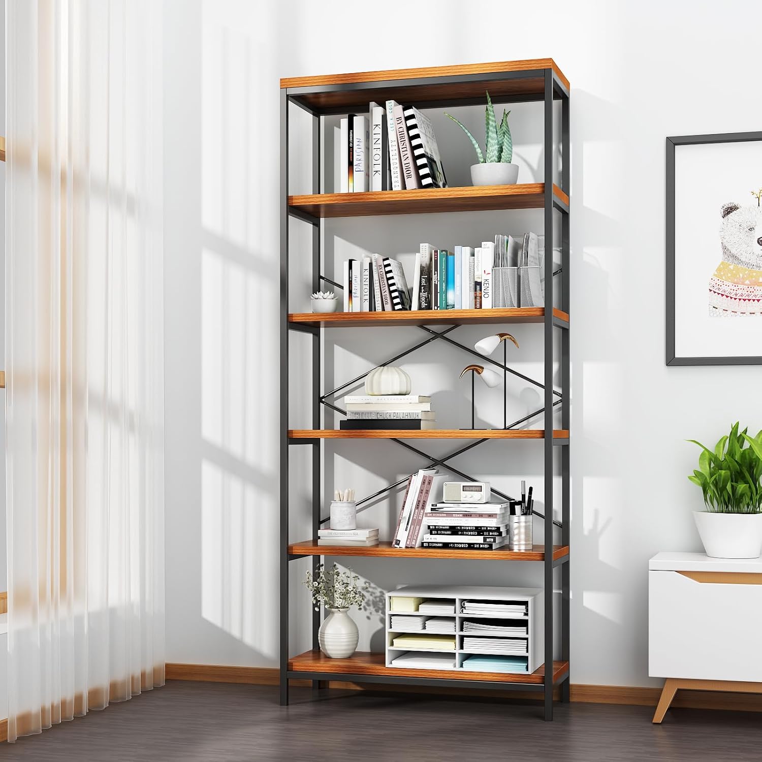 BATHWA Wood and Metal Minimalist 5 Tier Bookshelf, 6 feet Tall Open Rustic Wide Bookcase Industrial Style